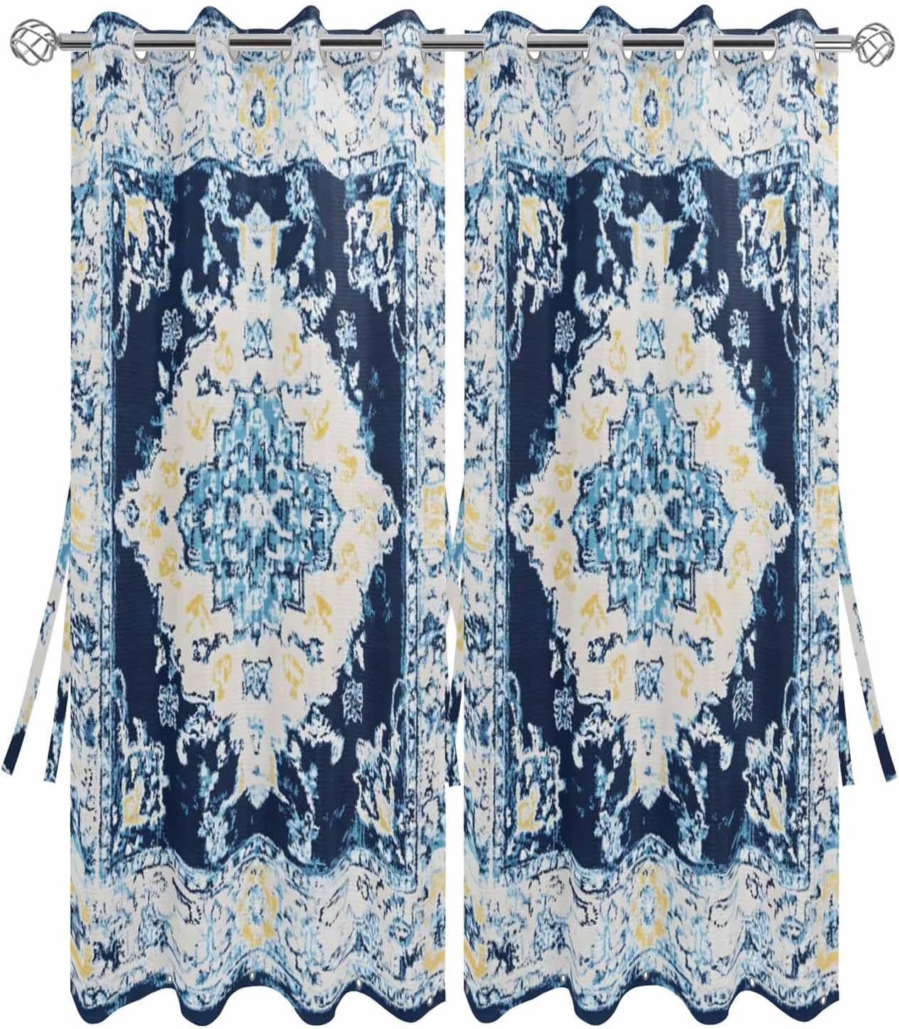 Boho Outdoor Curtains for Patio Waterproof, Vintage Ethnic Privacy Sunlight Blocking Outside Curtain, Tribes Modern Blue Middle Century Top Bottom Grommet Curtains for Gazebo Porch 2 Panels 54''x84''