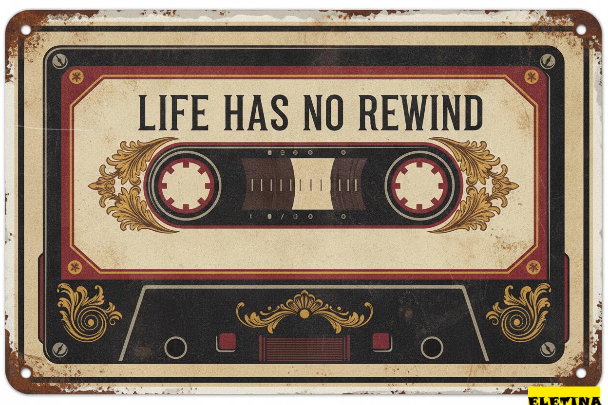 Life Has No Rewind Music Cassette Tin Sign Inspirational Office Wall Art Motivational Decor Living Room Kitchen 8x12in