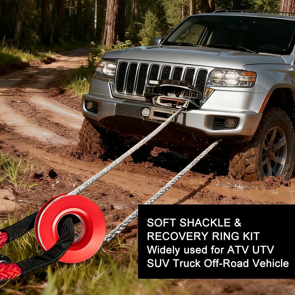 BARTOO Winch Snatch 66000 LB Recovery Ring with 2 PCS Soft Shackle 1/2" X 22 Inch Winch Rope, for ATV UTV SUV Truck Off-Road Vehicle Recovery Accessories, Red