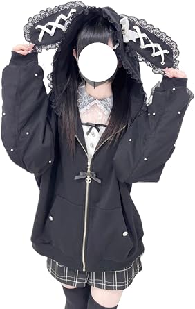 Pokn Bunny Ear Long Sleeve Hoodies Women Harajuku Y2k Zip Up Sweatshirts Cutecore Jojifuku Kawaii Hoodie Shoujo Clothes