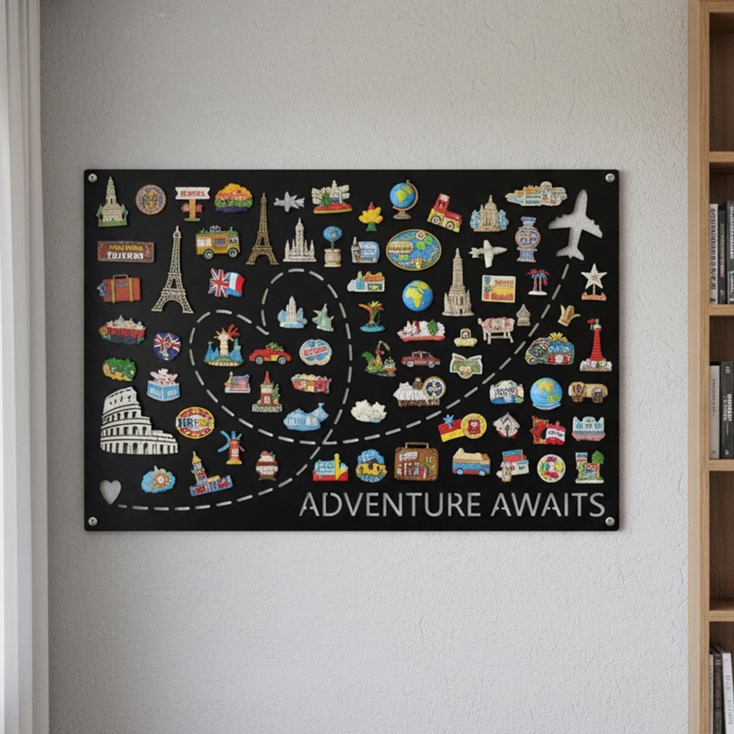 Metal Wall Art Travel Magnet Board, Adventure Theme Metal Sign for Magnetic Souvenir Collection, Travel Memory Organizer, Explorer Wall Decor, Birthday Gift
