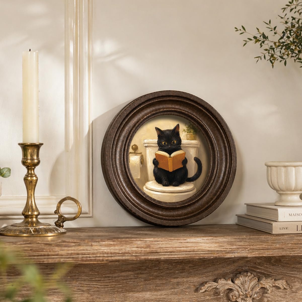 MOCHPEN Black Cat Reading Round Wall Art Decor, Funny Bathroom Cat Painting Artwork, Whimsical Wall Decoration for Bathroom Living Room Gallery, 5.7x5.7 Inch image 4