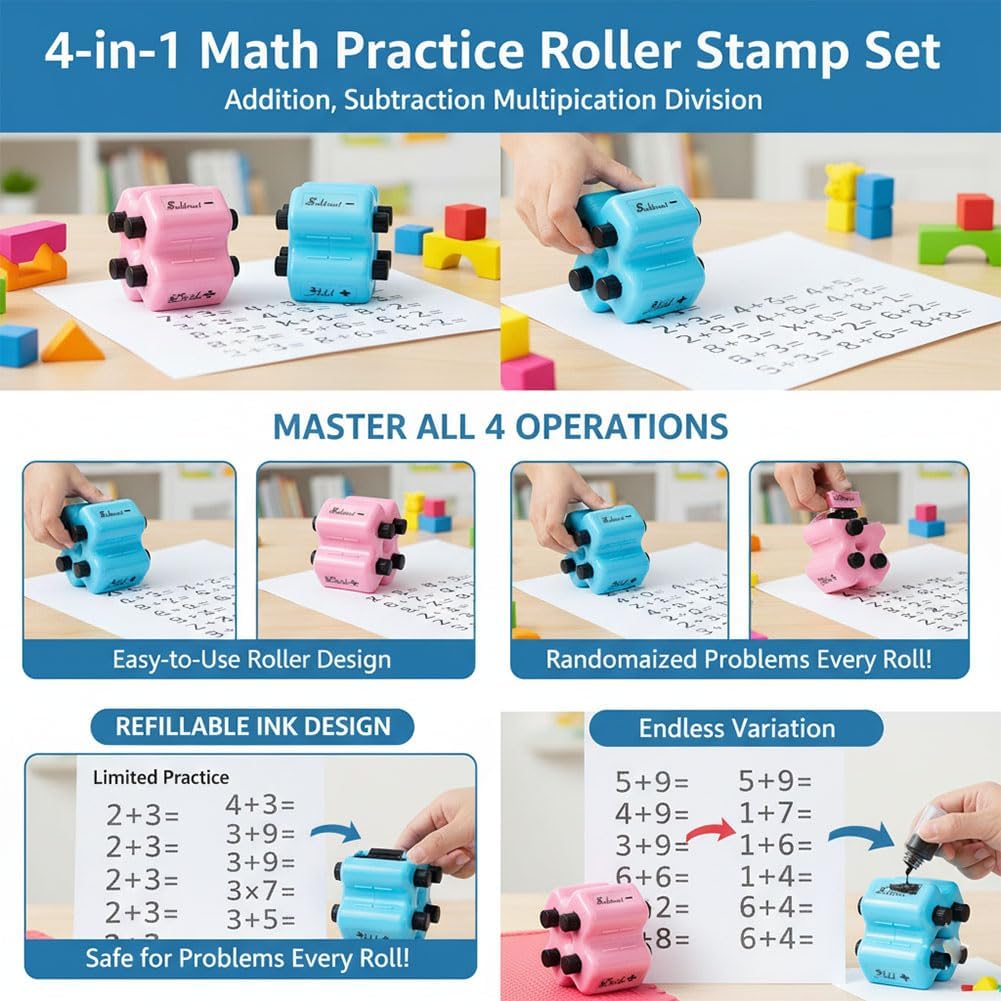 4-in-1 Math Practice Roller Stamp Set, Adjustable Addition Subtraction Multiplication Division Stamp for Kids, Educational Math Facts Tool, Homeschool & Classroom Supplies for Students (Pink-2pcs)