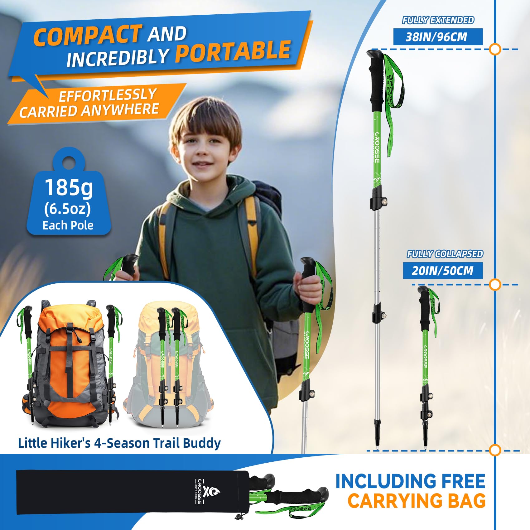 Kinder Trekkingstöcke aus Aluminium, Leichte Teleskopische Wanderstöcke mit Schnellverschluss, Höhenverstellbar für Jungen und Mädchen, Ideal für Wandern, Camping und Nordic Walking