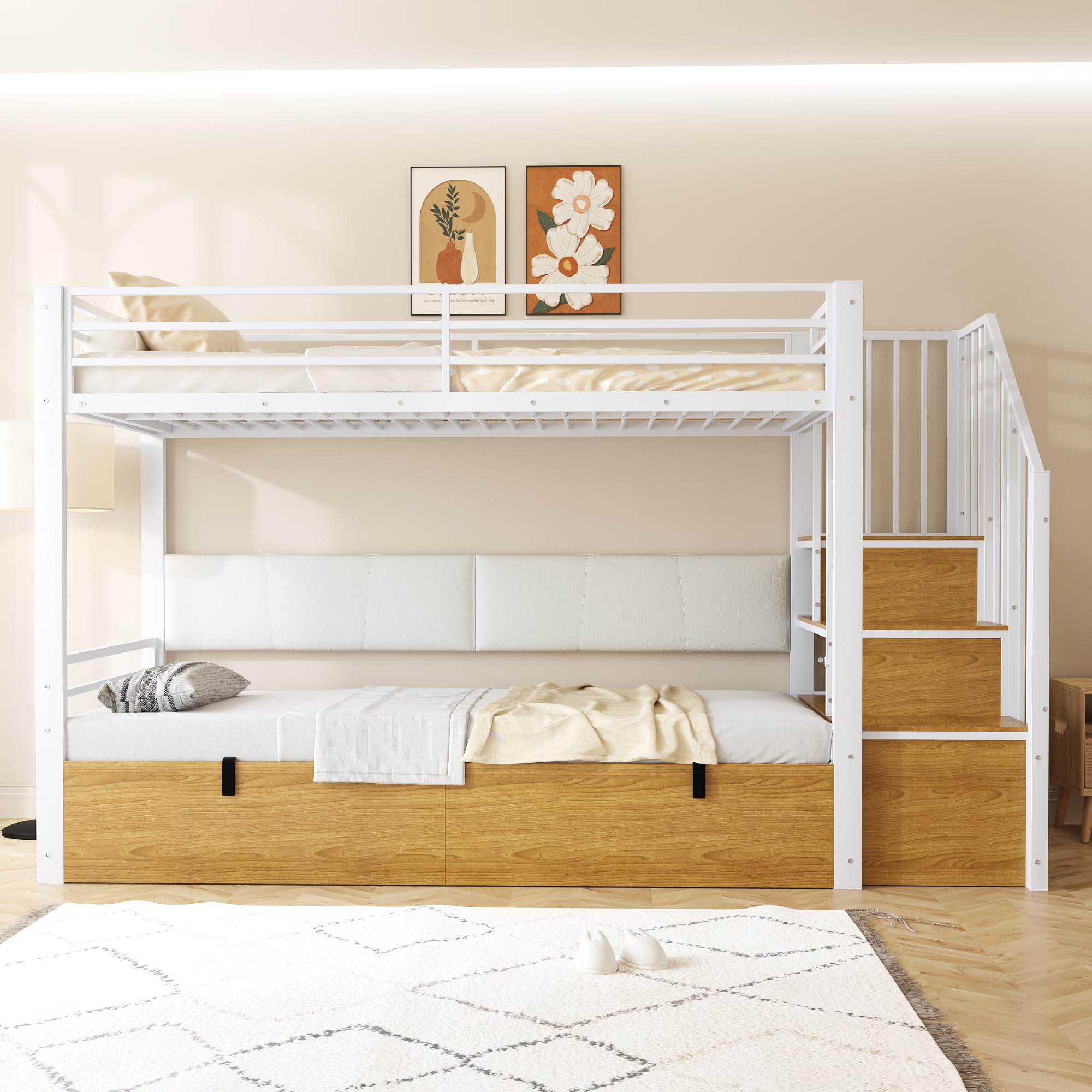 Kinderbett Etagenbett 90x200, Hochbett mit Hydraulisch Stauraum und Treppe, Hausbett mit Rückenlehne aus PU, Metall Bett Bettgestell mit Lattenrost und Rausfallschutz, Ohne Matratze (Weiß)