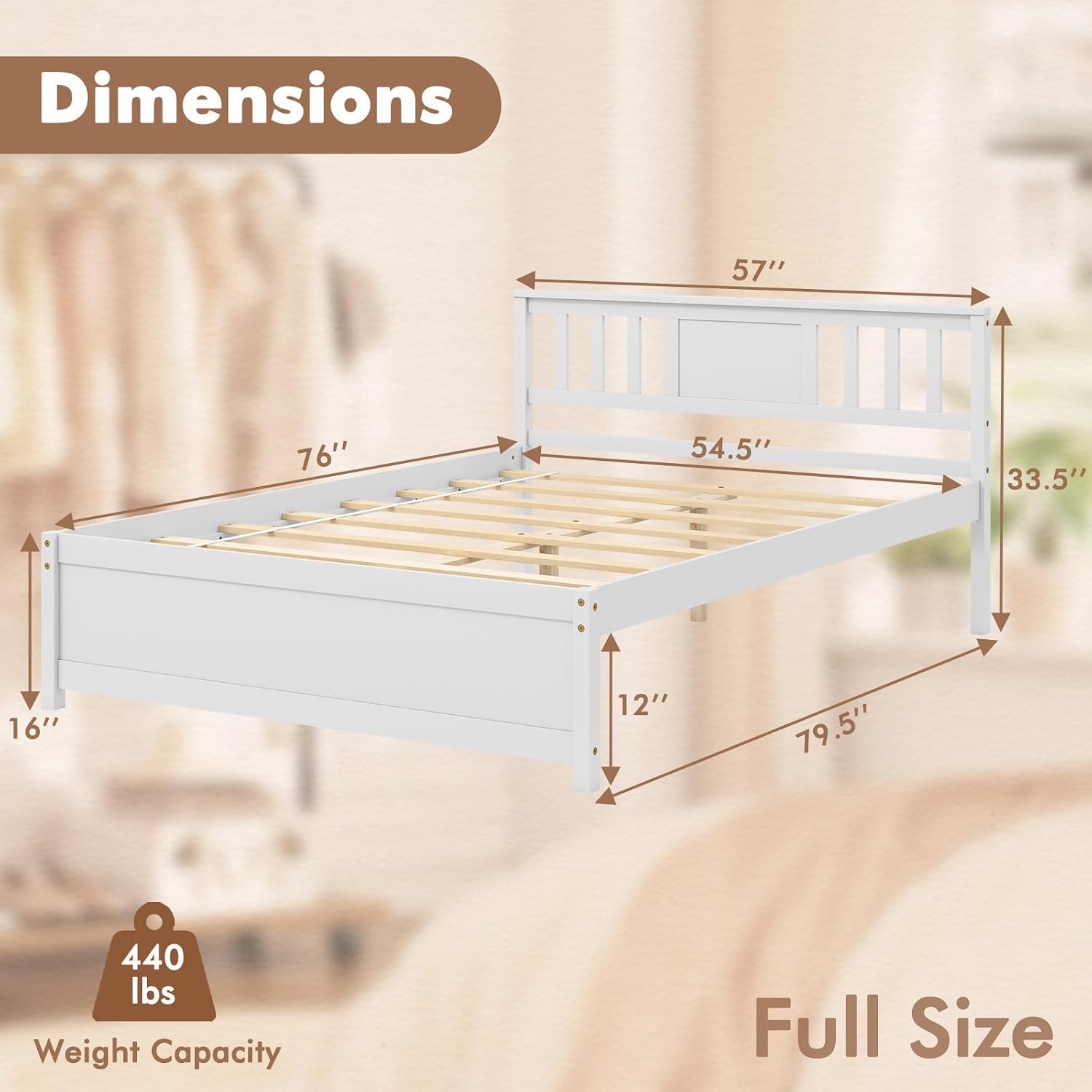 Diagram showing the dimensions of the KOMFOTT Full Size Wood Platform Bed Frame, including length, width, height, and under-bed clearance, along with the 440 lbs weight capacity.