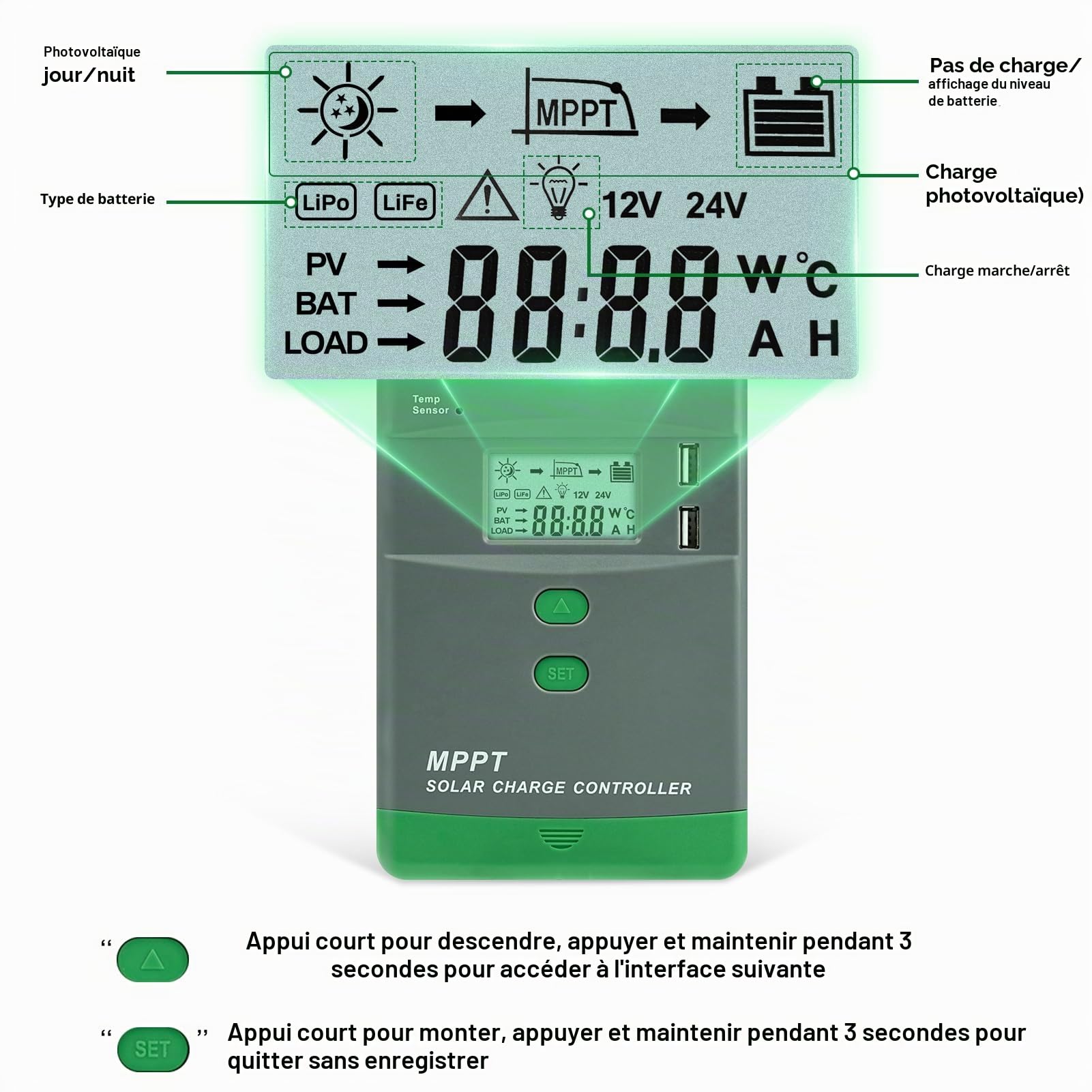 Regulateur de charge solaire mppt 20A Bluetooth controleur de charge solaire Dual USB Identification automatique 12V/24V regulateur panneau solaire Tension max 60V Écran LCD MRL20