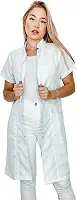 Jaleco Feminino Oxford Ziper, Branco, Manga Curta, Acinturado, Gola Padre, Avental