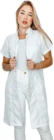Jaleco Feminino Oxford Ziper, Branco, Manga Curta, Acinturado, Gola Padre, Avental