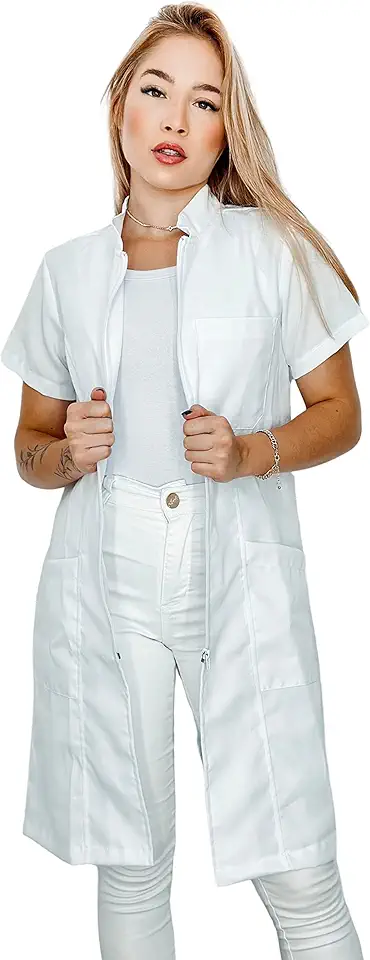 Jaleco Feminino Oxford Ziper, Branco, Manga Curta, Acinturado, Gola Padre, Avental
