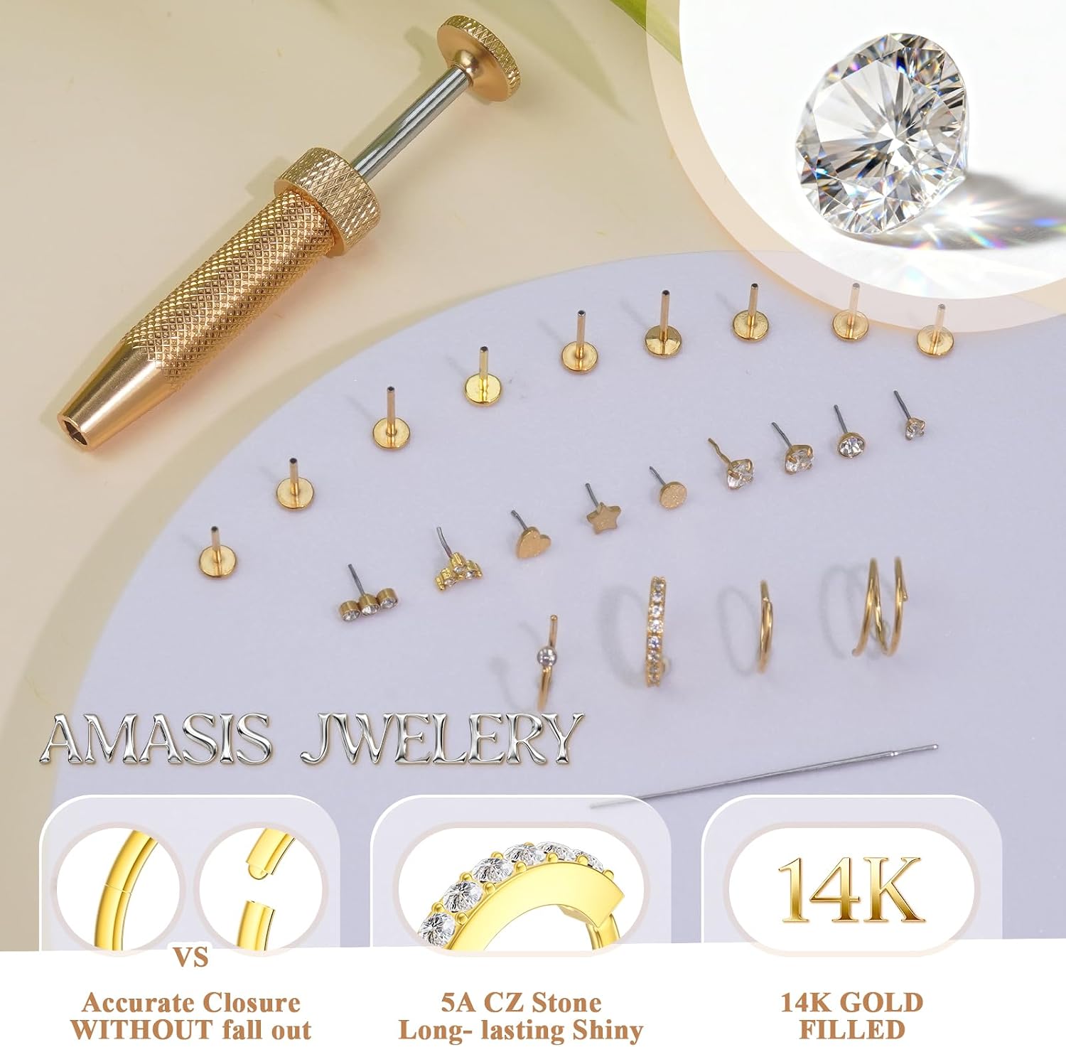 20G Nose Rings Hoops And Studs For Women Men, 15PCS Hypoallergenic Stainless Steel Nose Hoops 14K Gold Plated Nose Rings, Push in Threadless Flat Back Earrings, CZ Helix Tragus Lip Cartilage Nostril Piercing Jewelry With Piercing Ball Grabber Tool thumbnail