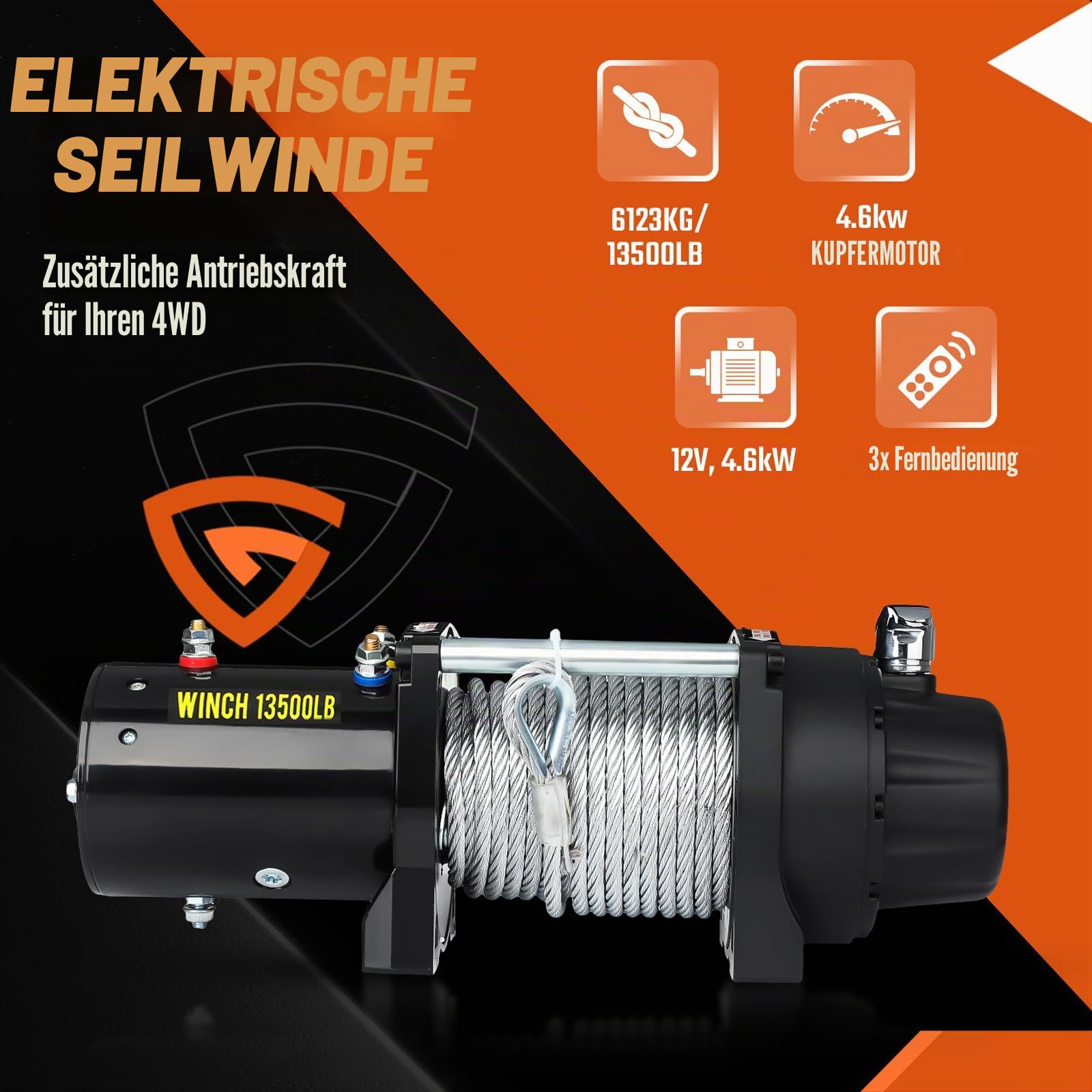 GEARMONSTER Elektrische Seilwinde 6123kg 13500lbs 12V Funkfernbedienung | Motorwinde, 2 Funkfernbedienungen, Kabelsteuerung, Abschleppen, für Jeep SUV ATV Quad Boot, wasserdicht IP67
