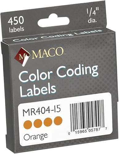 MACO Etiquetas redondas de codificación de color naranja, 14 pulgadas de diámetro, 450 por caja dispensadora (MR404-15)
