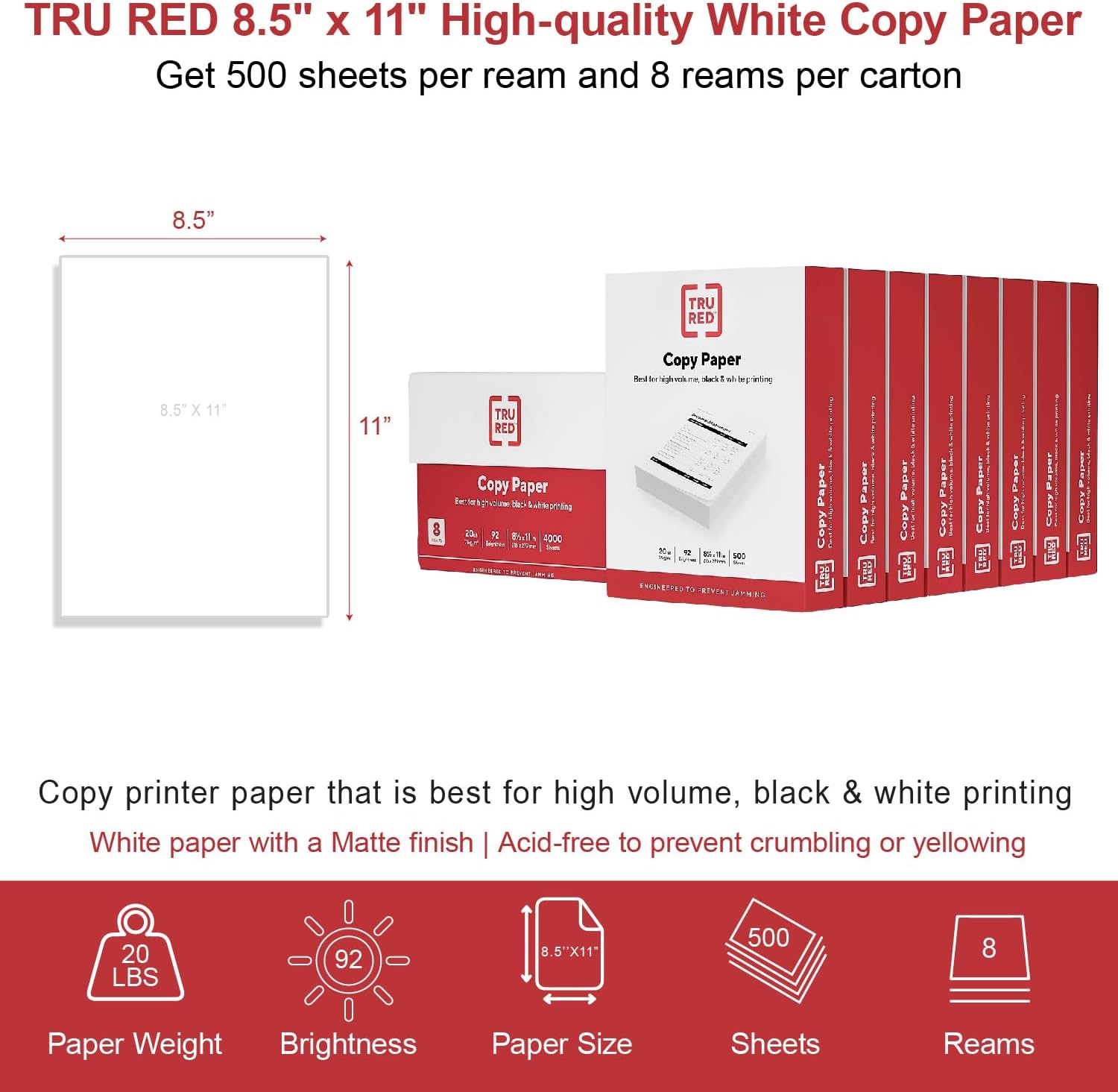 TRU RED 8.5 x 11-Inch Copy Paper, 20 lbs., 92 Bright, 500 Sheets/Ream, 8 Reams/Carton