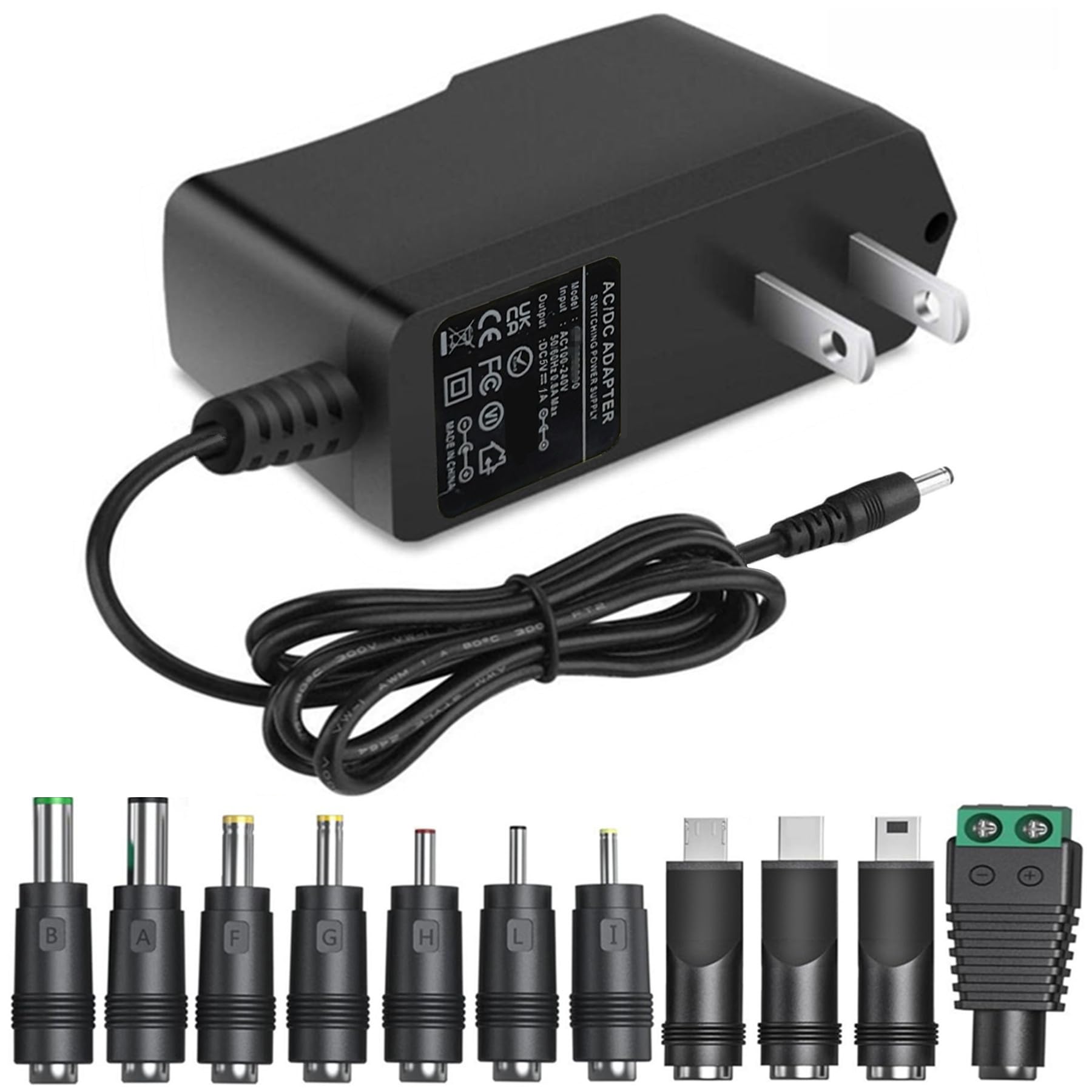 5V 1A AC Adapter DC5V Power Supply Cord with 11 Plug Tips AC to DC 5Volt 1A 500mA