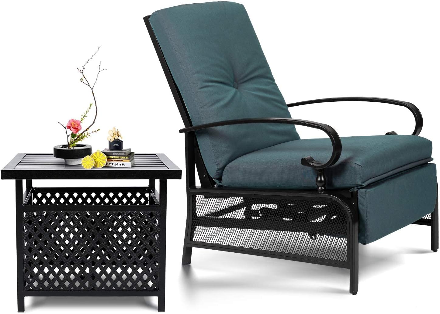 SUNCROWN Outdoor Recliner Chair Patio Adjustable Recliner Chair and Side Bistro Table with Umbrella Hole, Peacock Blue