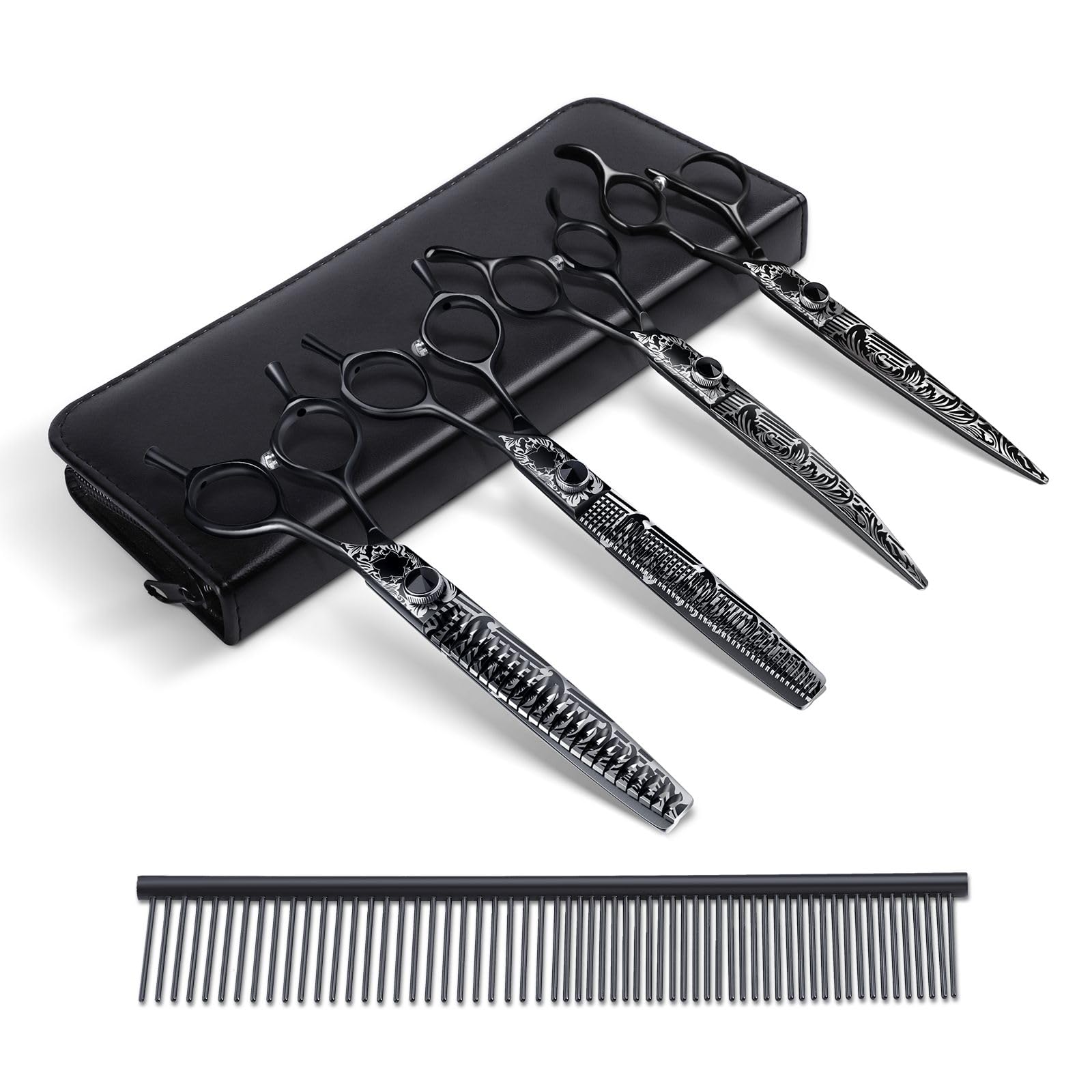 JASON 8 Inch Professional 5 in 1 Pet Grooming Shears Set, Stainless Steel Dog Grooming Scissors Kit, Straight & Thinning & Chunkers & Curved & Comb for Dog, Cat, Pet