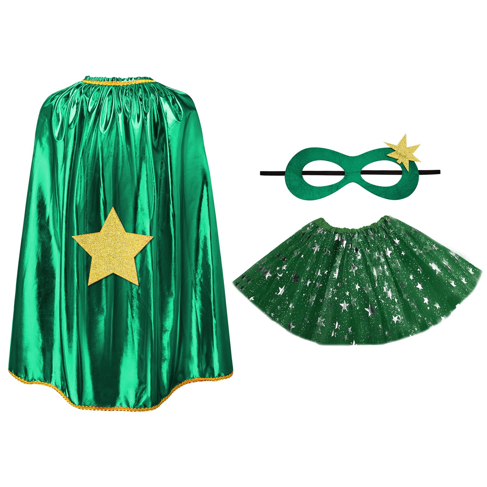 AUYAO Super-heroes Costumes Heroes Capes Kit, Kids Capes Cloak Dress Up Set with Mask Tutu Ballet Dance Skirt, 3Pcs Girls Princess Costumes Capes for Halloween Christmas Birthday Party(Dark Green)