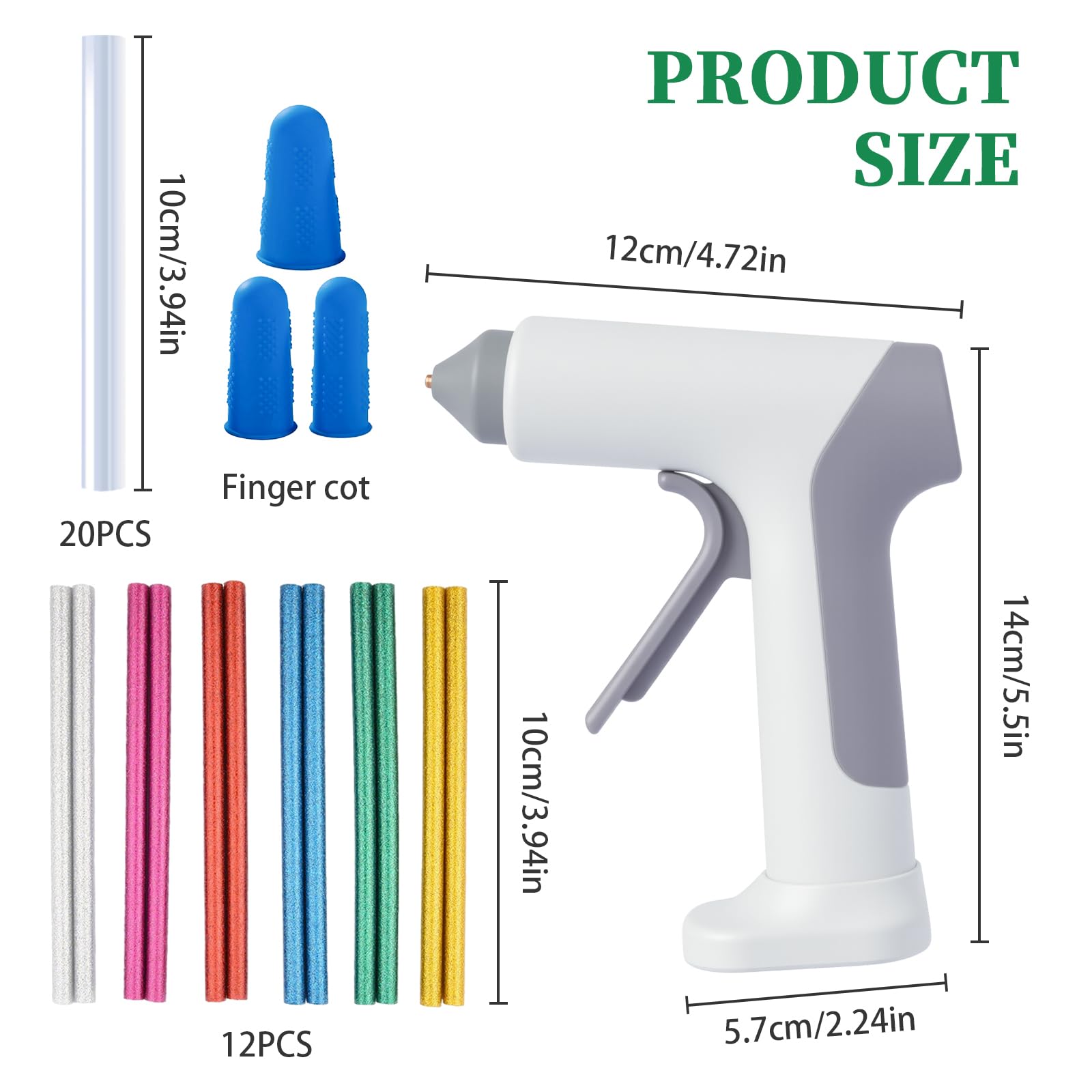 Pistola de pegamento caliente con 20 barras de pegamento transparentes y 12 de colores, calentamiento ultrarrápido de 15 s, mini pistola de pegamento caliente recargable a través de USB-C, recipiente