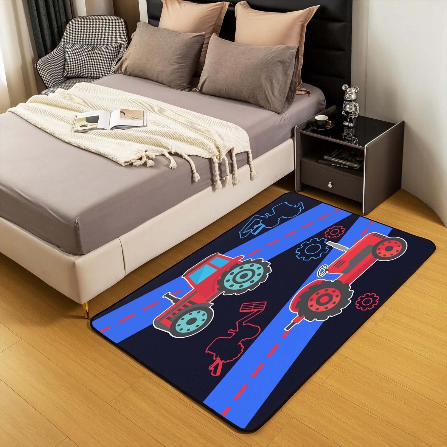 Tappeto da costruzione 150 x 200 cm, per bambini, escavatore, cartone animato, set di tappeti decorativi per bambini e bambine, tappeto per soggiorno, blu, rosso, nero, tappetino per interni,