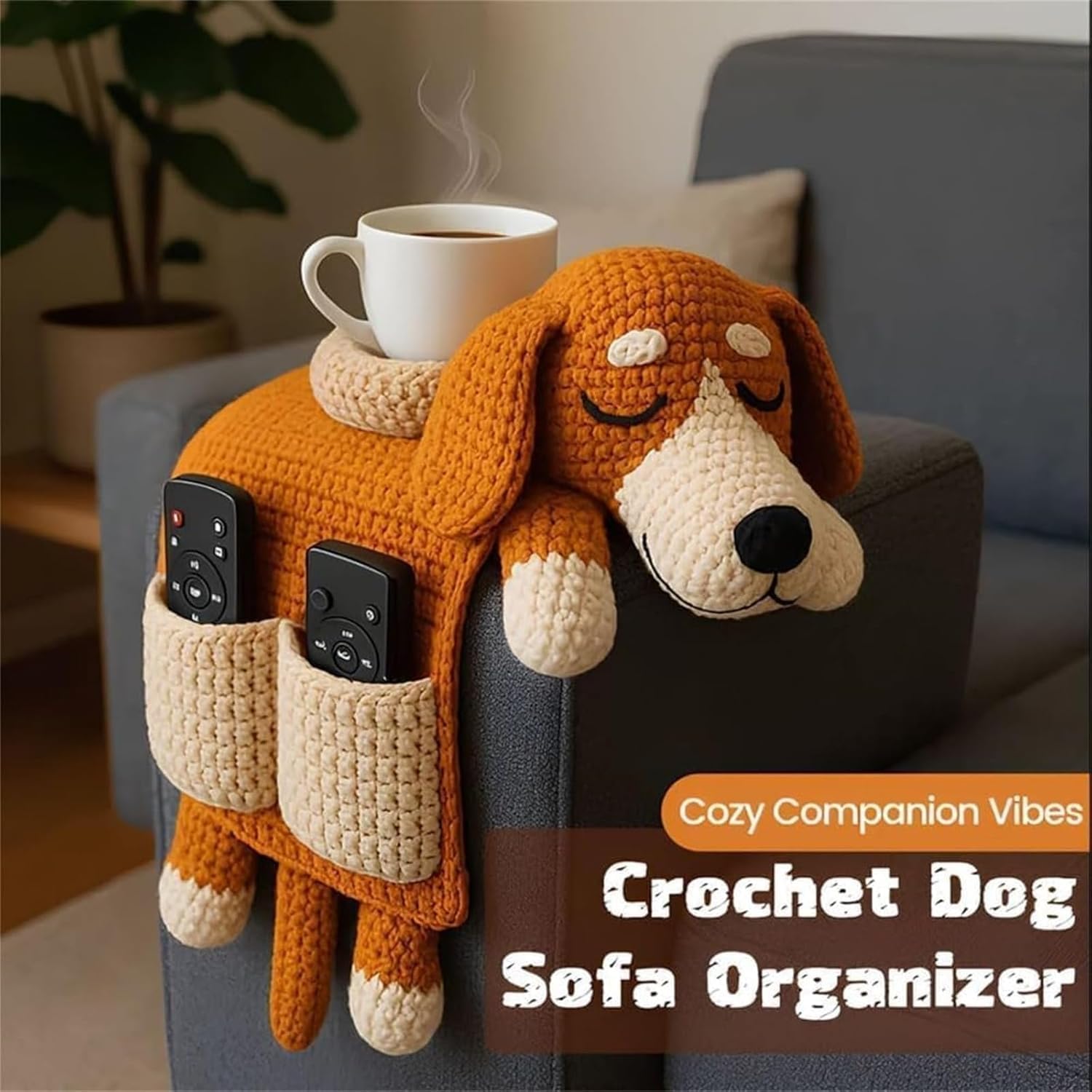 Crochet Dog Sofa Organizer 2 Pockets and 1 mug holder Organizer, Dogs-shaped Handmade Knit Armrest Caddy (1PCS-B)