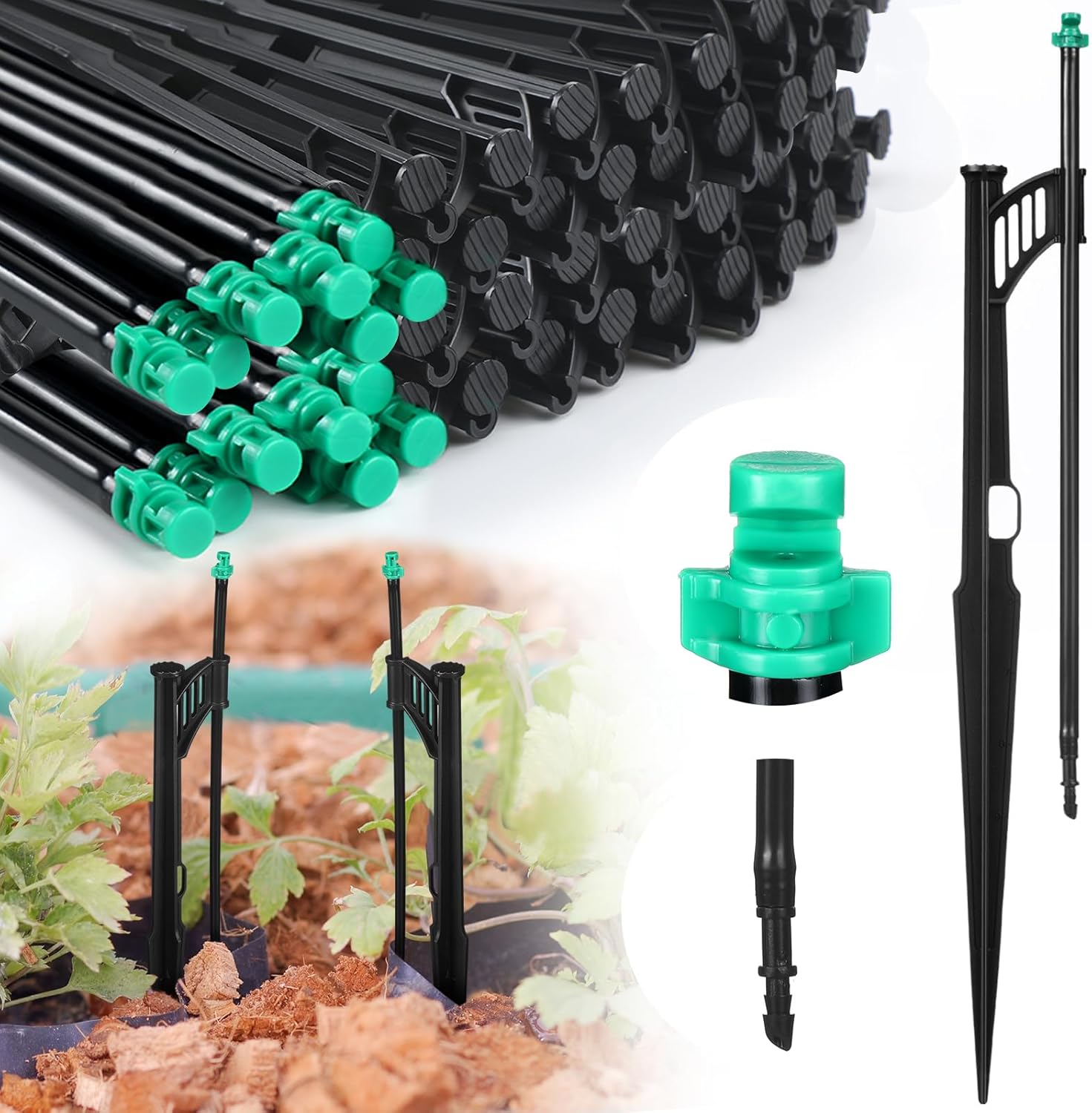 50 Pcs 12.8 Inch Drip Irrigation Stakes with 180 Degree Sprayer Emitters and Sprinkler Extension Riser 1/4 Inch Drip Line Sprinkler Support Stakes for Garden Watering System,Green