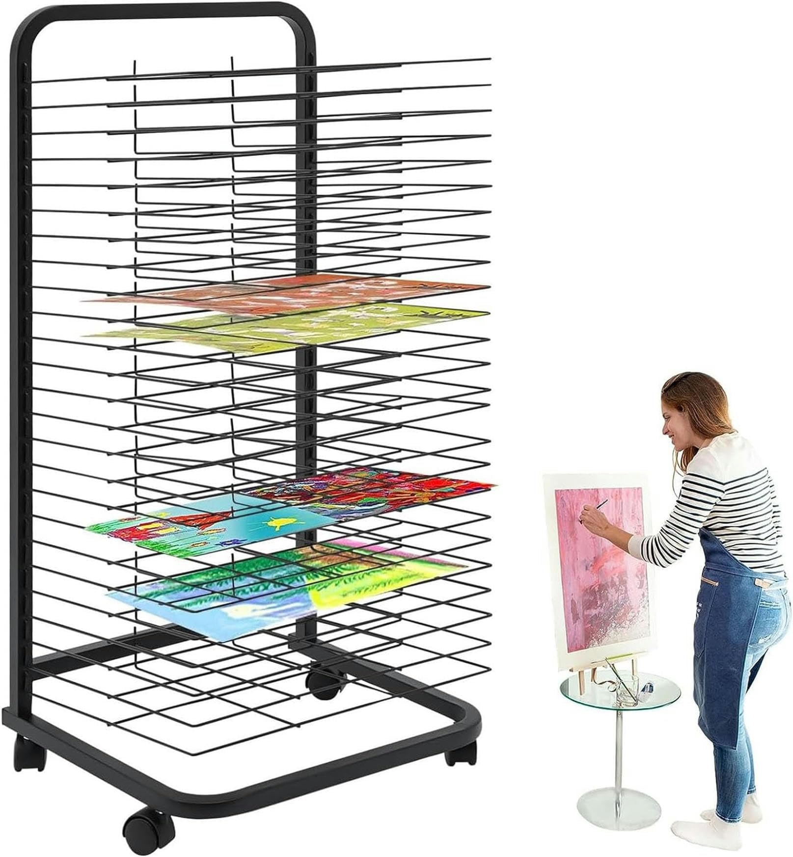 Stendino per Quadri, Stendino Mobile per Pittura, Ripiani Rimovibili, Porta Tele per riporre Quadri, Stendino per Pittura con Ruote, Scaffale per Pittura, Disegni