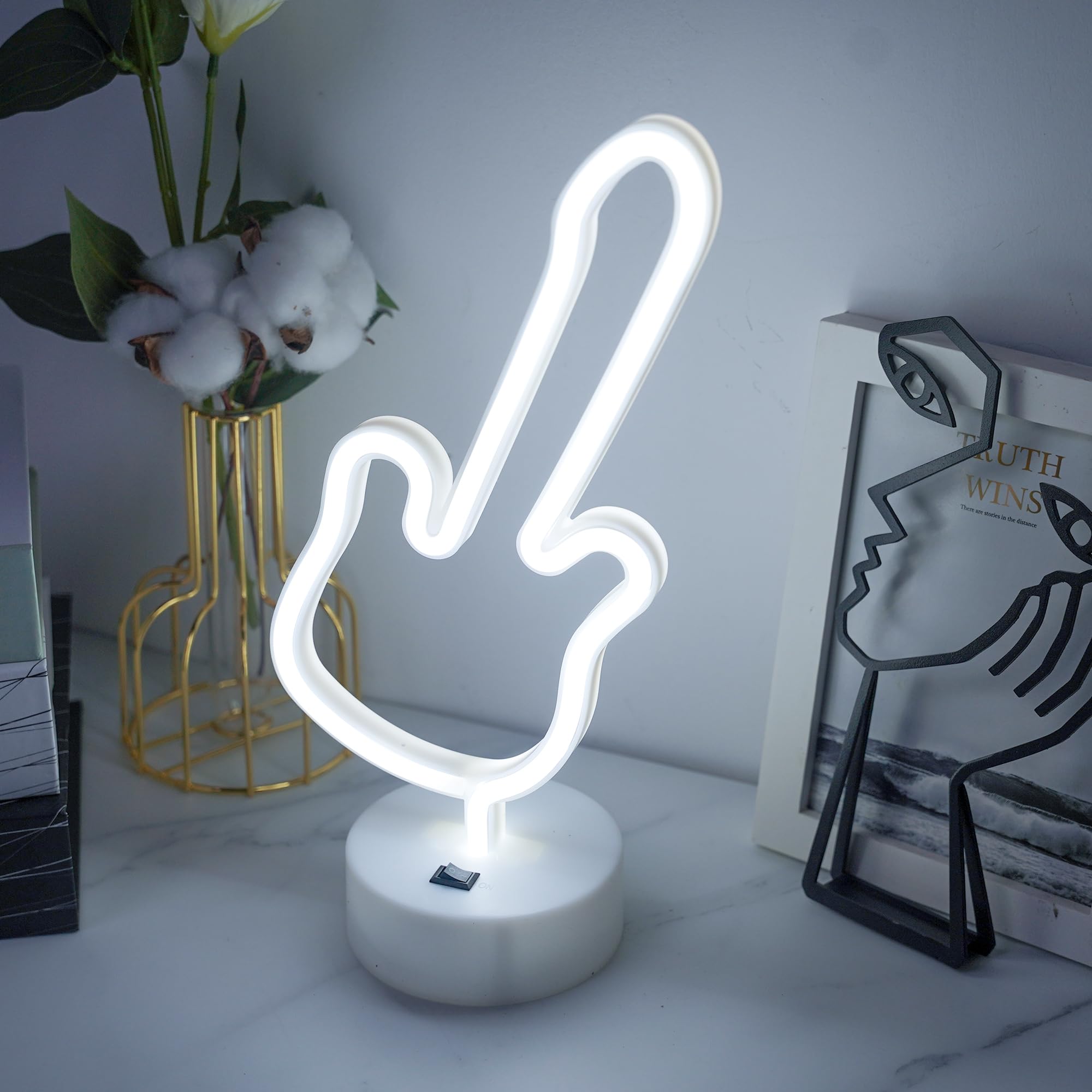 Insegna al neon a forma di chitarra, luce al neon a LED bianca con base di supporto, luce notturna per camera da letto, alimentata a batteria/USB, per feste, matrimoni, compleanni, festival