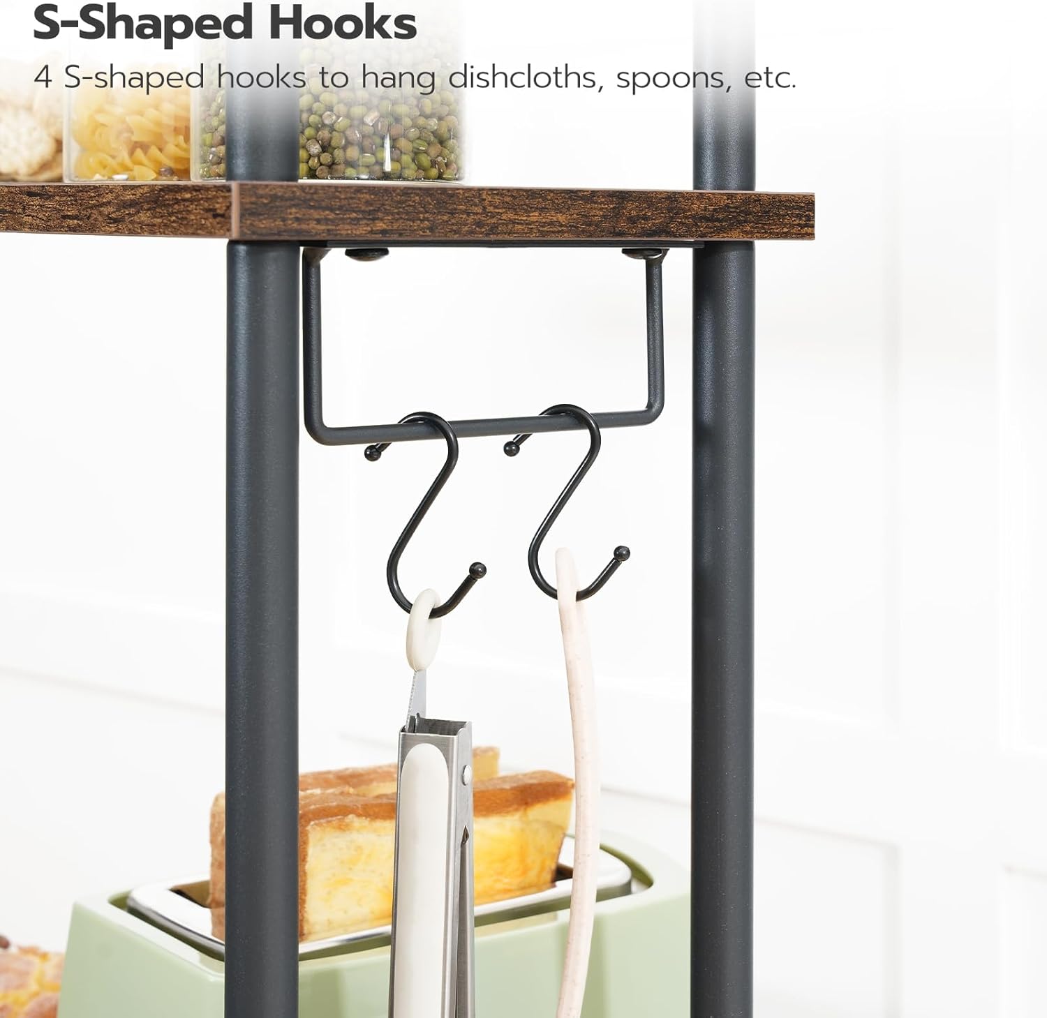 HOOBRO Kitchen Bakers Rack with Power Outlets, 5-Tier Microwave Stand, Coffee Bar Table with S-Shaped Hooks, Kitchen Storage Rack for Living Room, Dining Room, Rustic Brown and Black BF80UHB01