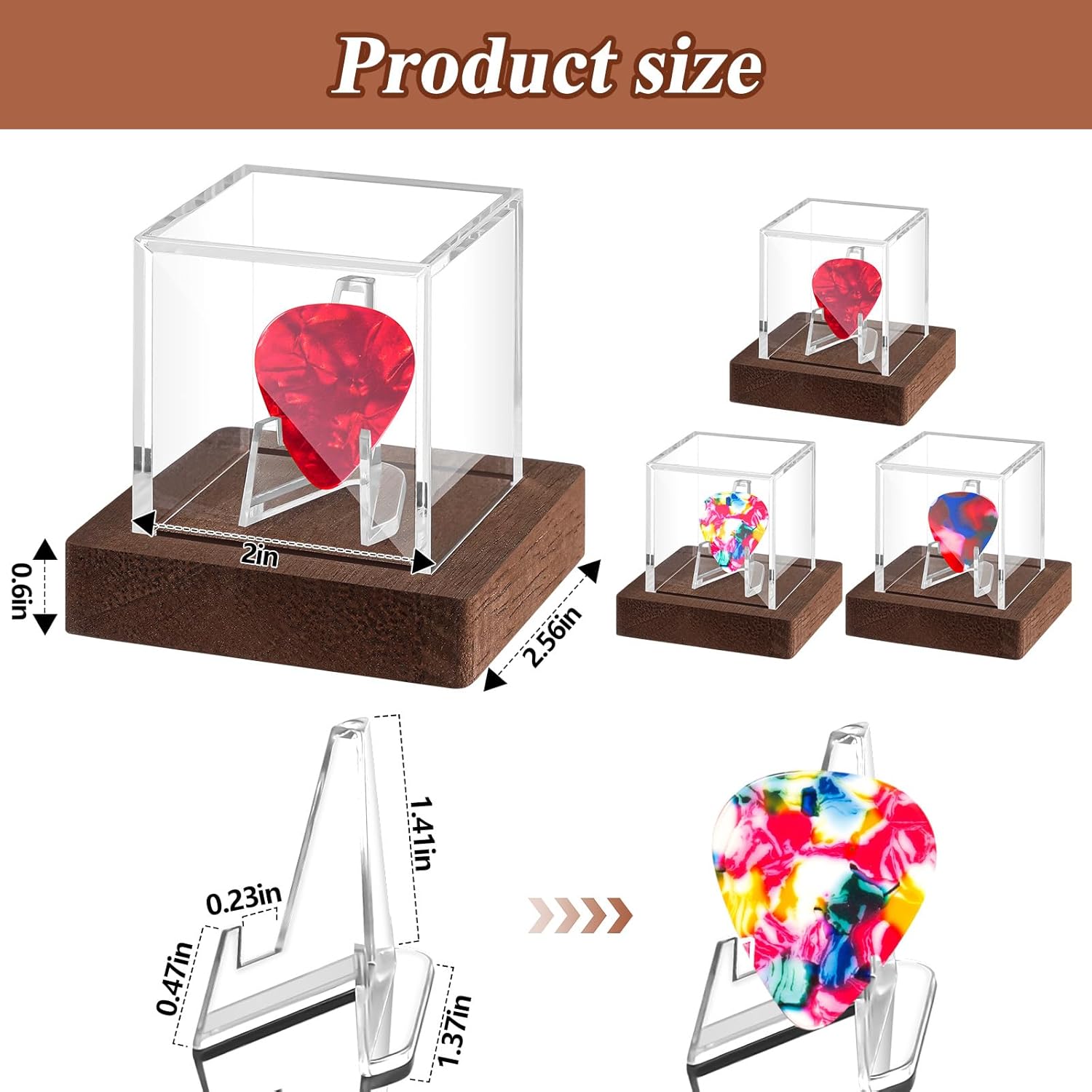 3 Pcs Acrylic Guitar Pick Display Box Case with Wooden Base Clear Guitar Pick Holder Storage Box for Collectible Picks Decoration Memorabilia