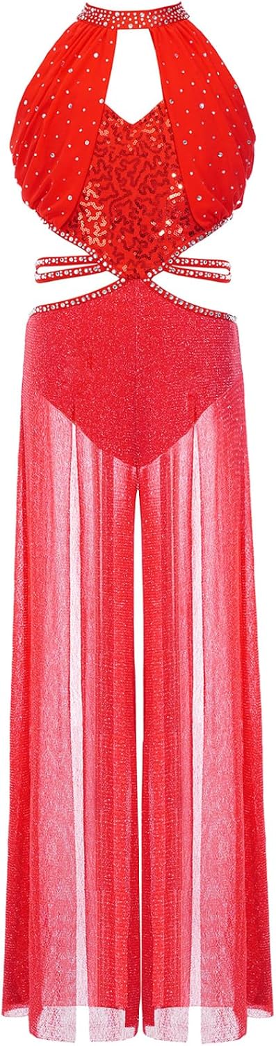 JEYPINMI Kids Girls Lyrical Dance Jumpsuit Sequin Bodice Cutout Gymnastics Leotards Mesh Split Wide-Leg Bodysuit