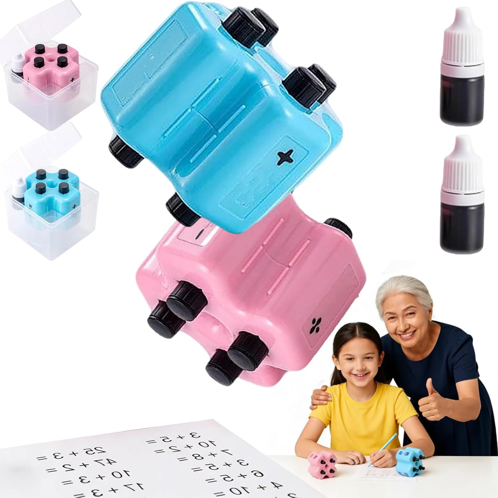 4-in-1 Math Practice Roller Stamp Set, Reusable Math Teacher Maths Roller Stamp,Magic Stamp Maths Rollers for Addition Subtraction Multiplication Division Within 100 (Pink + Blue)