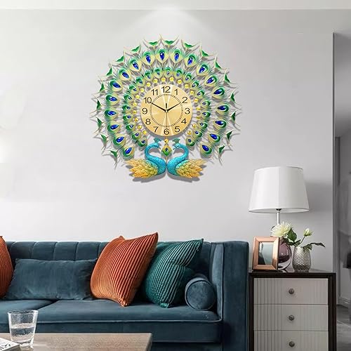 Miniatura 5 de Reloj de pared grande de pavo real de 27.6 pulgadas, sin tictac, cristal silencioso, personalidad creativa, arte moderno, relojes de pared