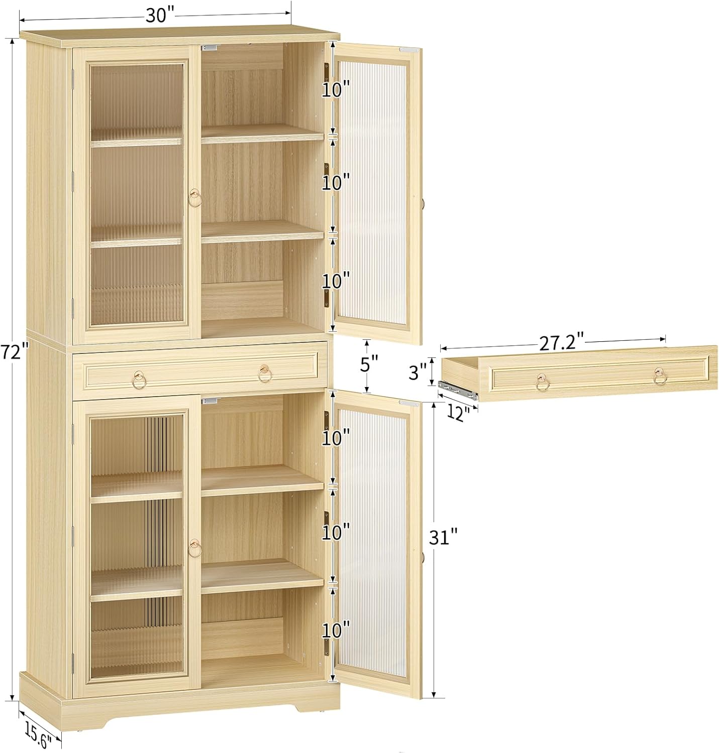 Kitchen Pantry Cabinet with Doors, 72" Tall Storage Cabinet with Adjustable Shelves, Wood Food Kitchen Pantry, Solid Freestanding Cupboard Display Cabinet for Dining Room Living Room