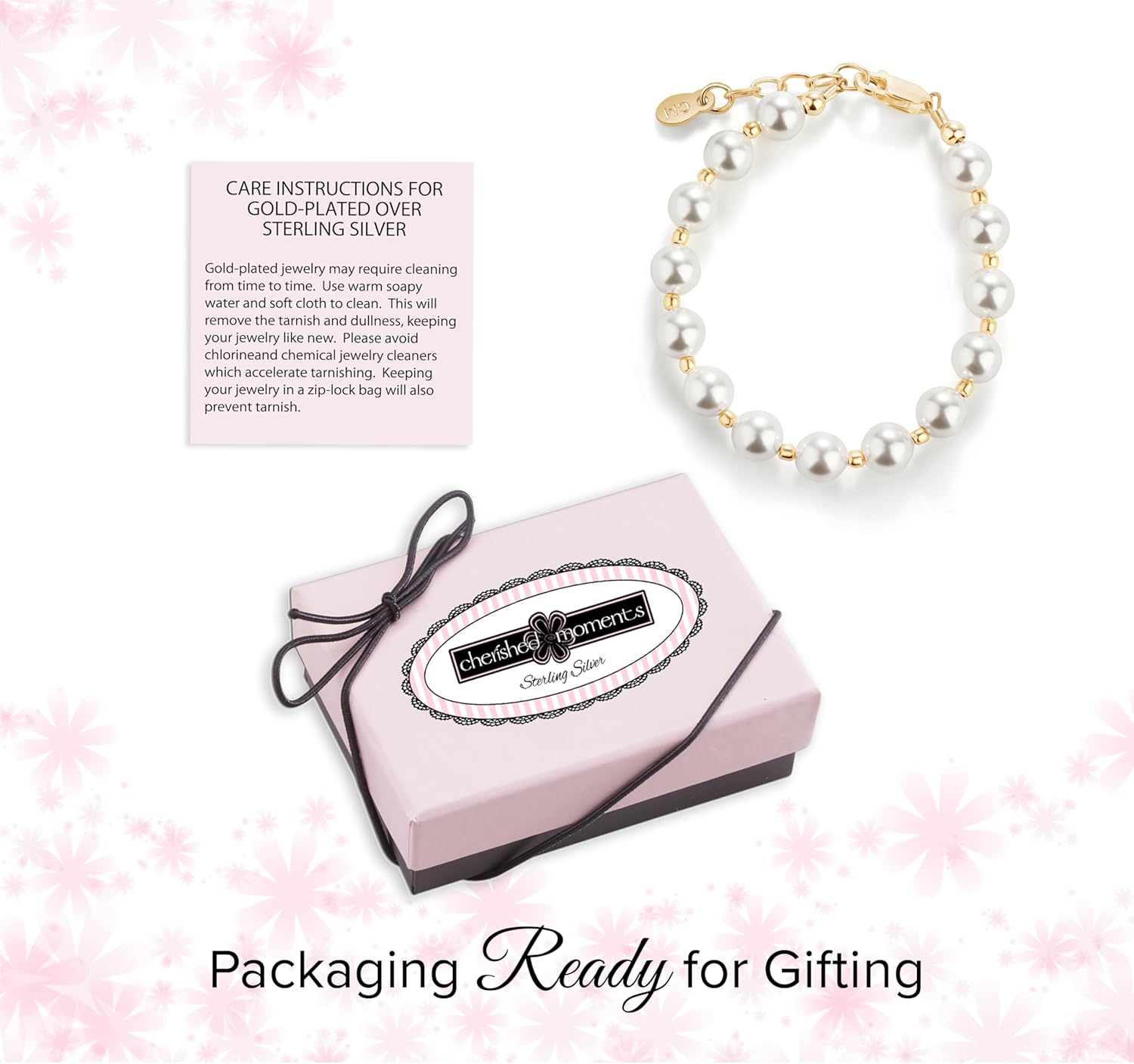 Cherished Moments 14K Gold Plated and 925 Sterling Silver Bracelet with Chunky Simulated Pearls for Babies and Little Girls - Image 4