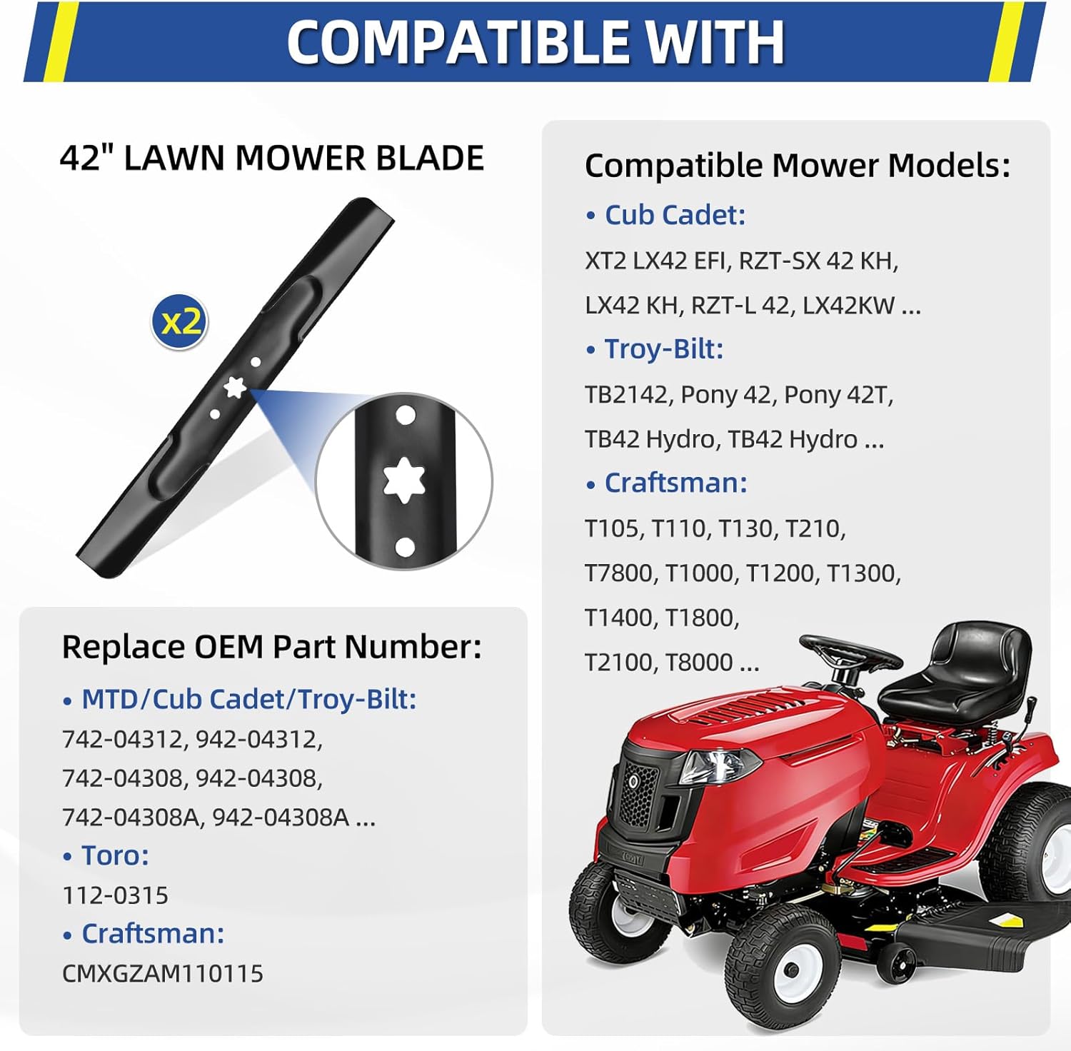 GICOOL 942-04308 High Lift Mower Blade for Troy Bilt Bronco Pony Mustang Cub Cadet 42" Deck Riding Mower, Replace 942-04308A 942-04308-X 942-04312 742-04312, 2 Pack