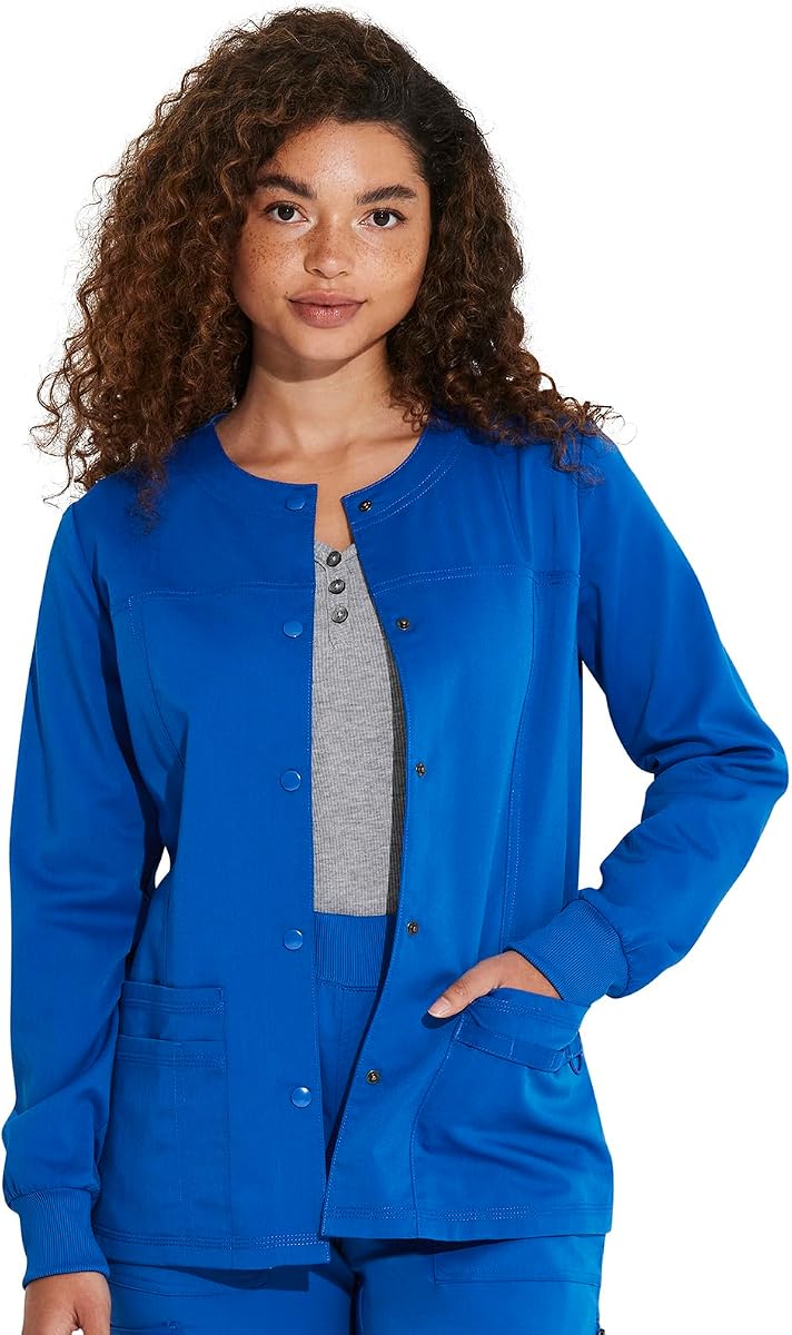 Dickies Balance Women Warm Up Scrubs Jacket Snap Front DK380, L, Royal