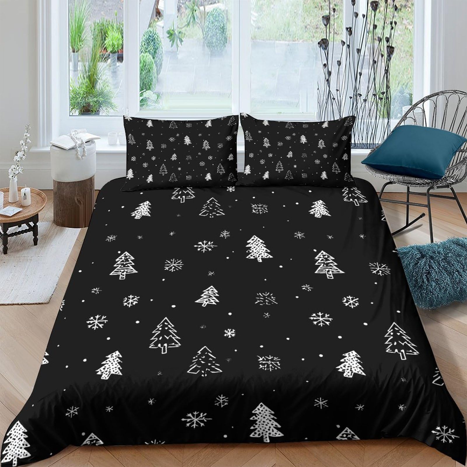 Ctjqhvkz Style-5 3D Printed Christmas Pine Tree Fitted Sheet Microfiber Black Snowflake Bed Cover Bedroom Guest Room Decor Single（135X200cm）