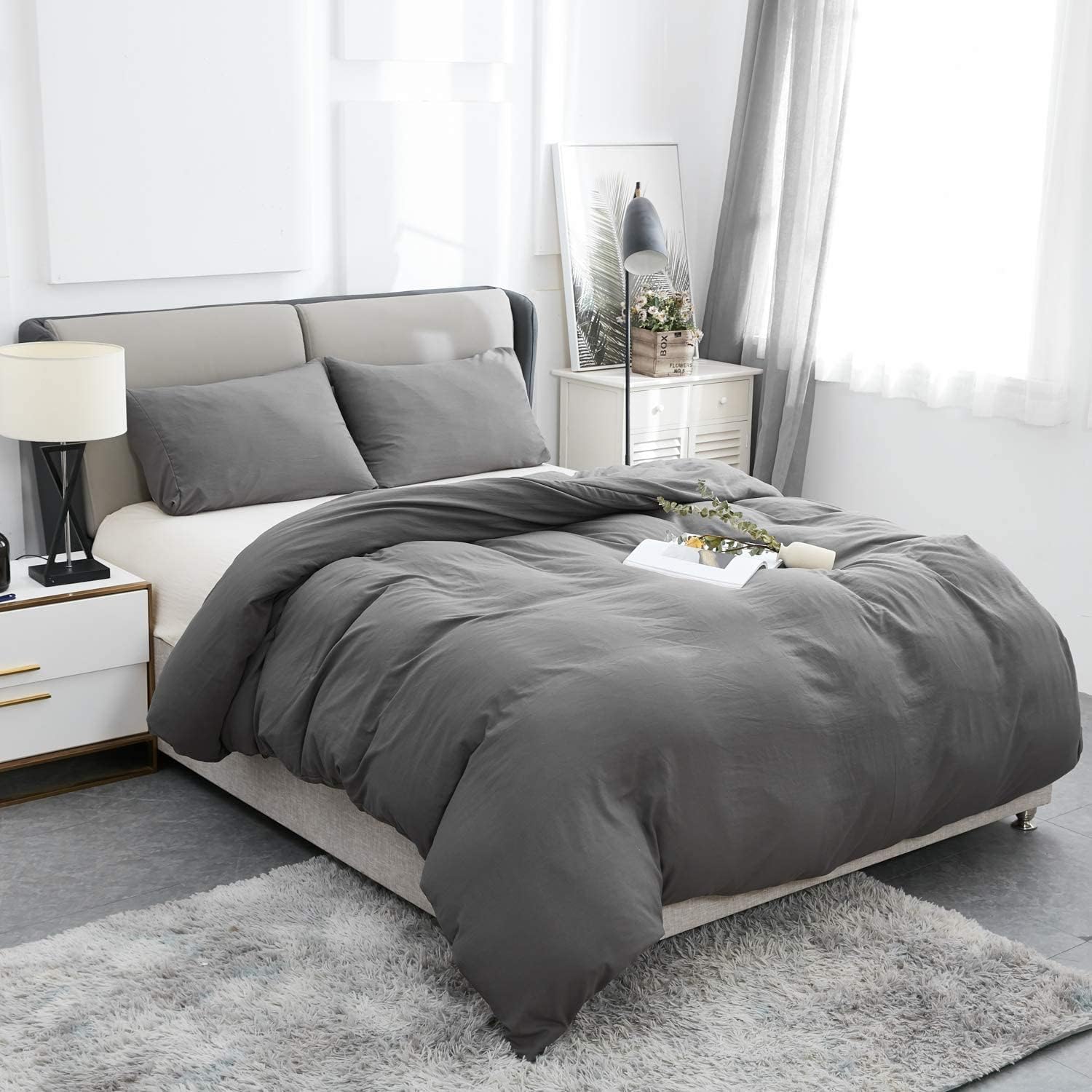 Lipo Duvet Cover Queen 3 Piece Set, Brushed Microfiber Duvet Cover and 2 Pillow Shams, Comforter Cover with Zipper Closure & Corner Ties (Queen-90 x90-Dark Grey)