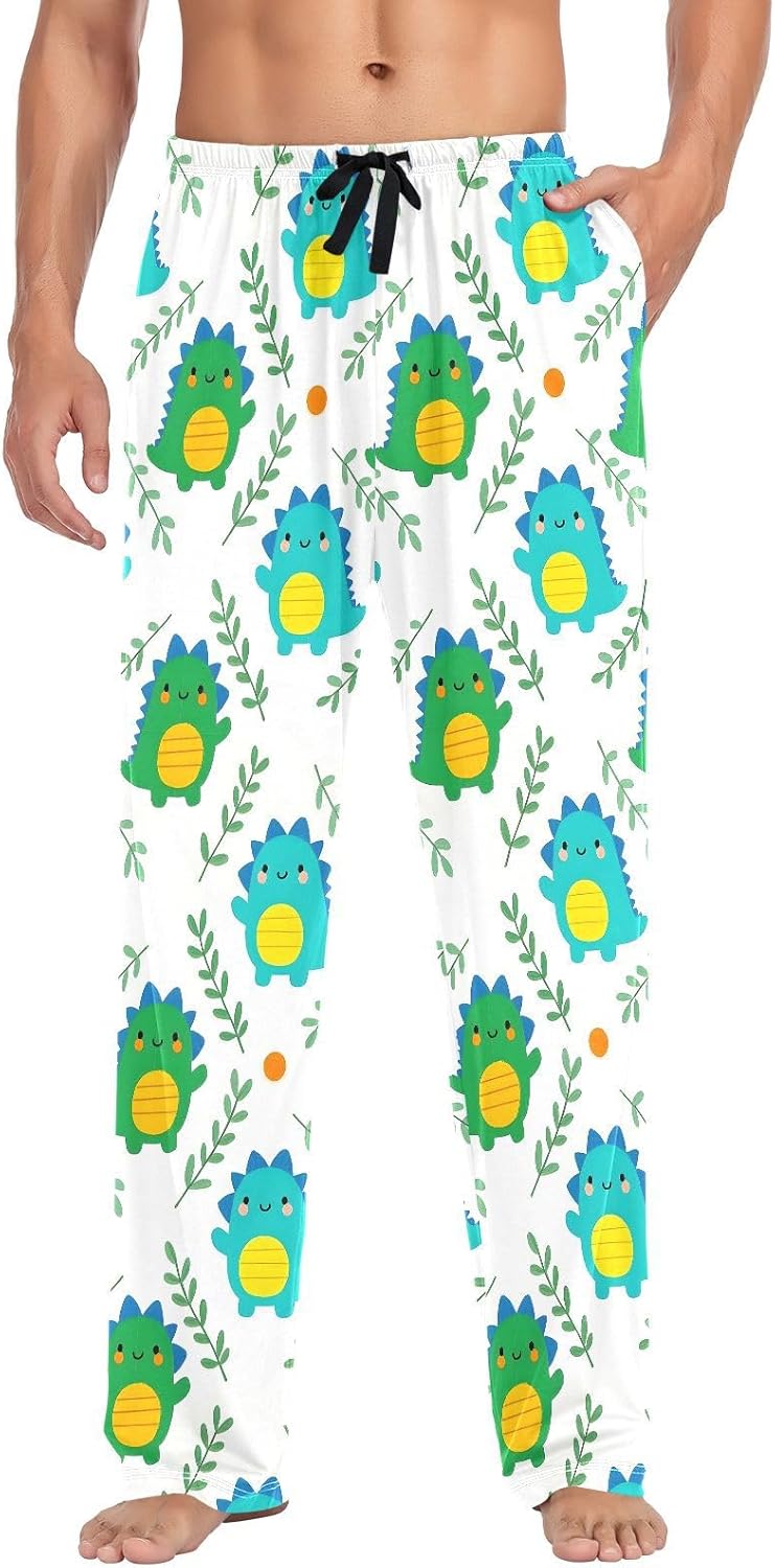 ALAZA Cute Dinosaurs Dino Cartoon Men's Pajama Pants Men Cotton Pajama Bottoms with Pockets, S