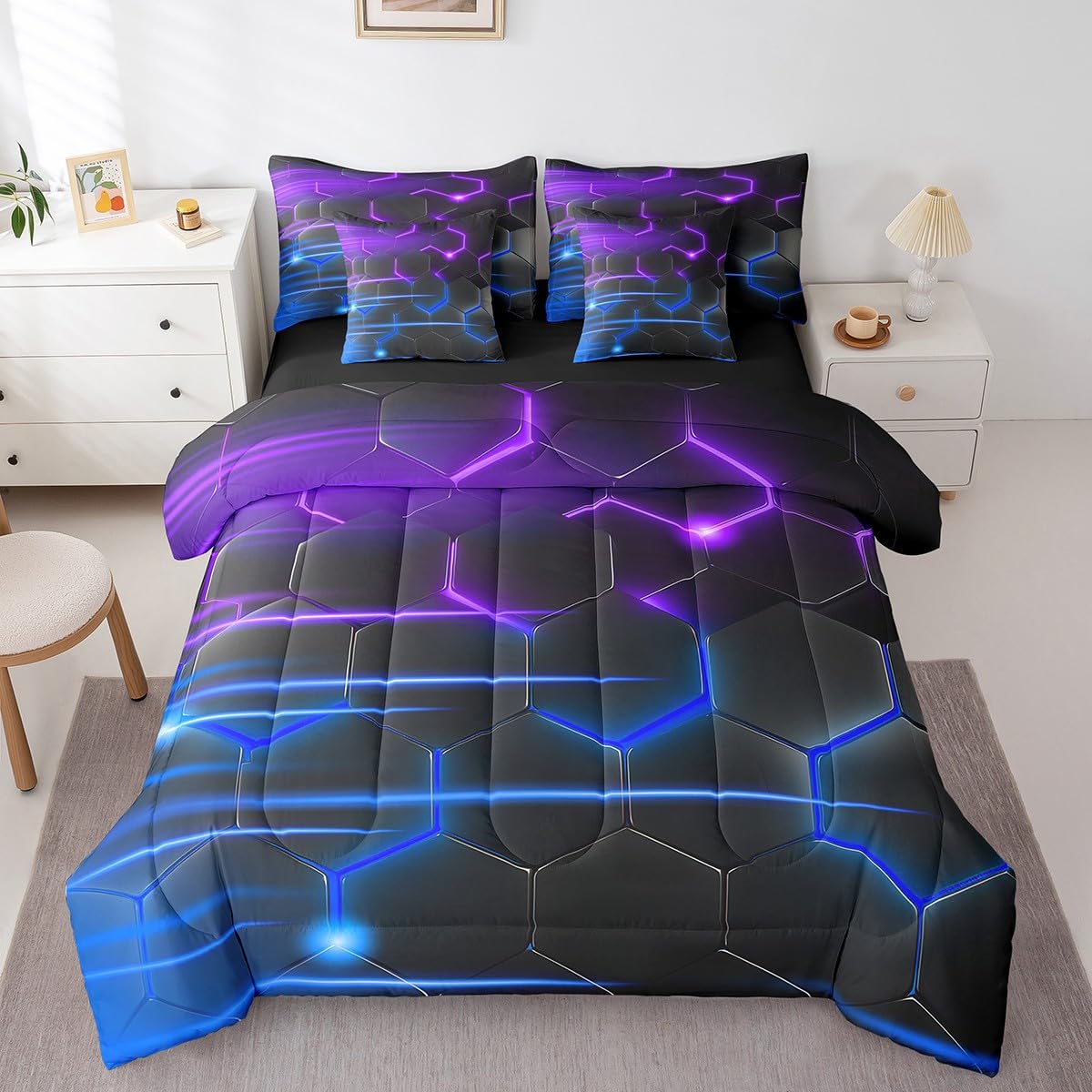 3D-Waben-Bettwäsche-Set Für Kinder - Doppelbett-Größe, Schwarz/weiß, Geometrisches Design