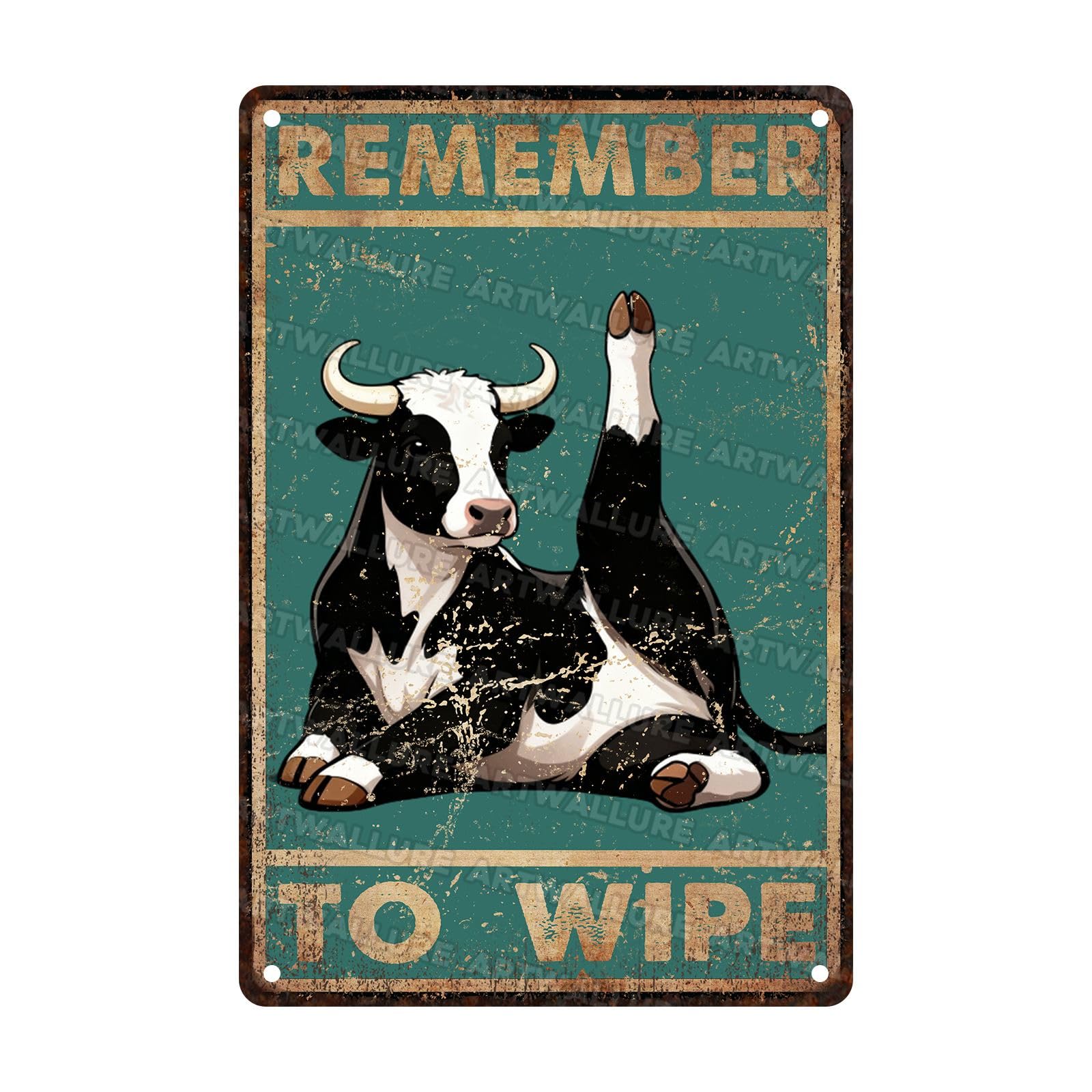 Funny Cow Bathroom Decor Sign Remember To Wipe Metal Tin Sign for Toilet Restroom or Powder Room Wall Decor 8x12Inch