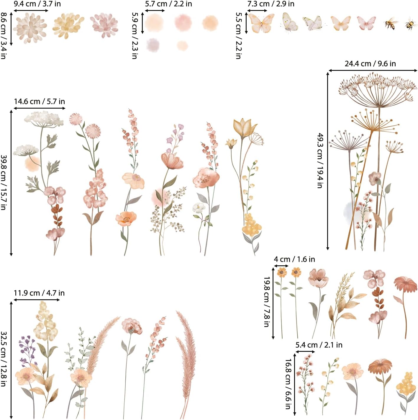 DECOWALL SG2-2421 Watercolor Boho Flowers Wall Decal Stickers Décor Home Wildflower Floral Dandelion Grass Plants Baby Nursery Girls Bedroom Kids Living Room Bee Peel and Stick Art Flower Vintage