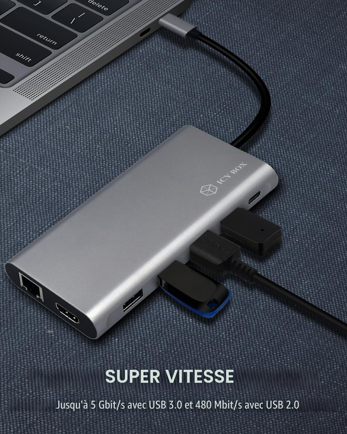 ICY BOX Station d'accueil USB-C (12-en-1) avec 2x HDMI & 1x DP, Docking Station USB-C pour Ordinateur Portable (Gigabit Ethernet, 4 Ports USB 3.0, PD 100W), IB-DK4050-CPD