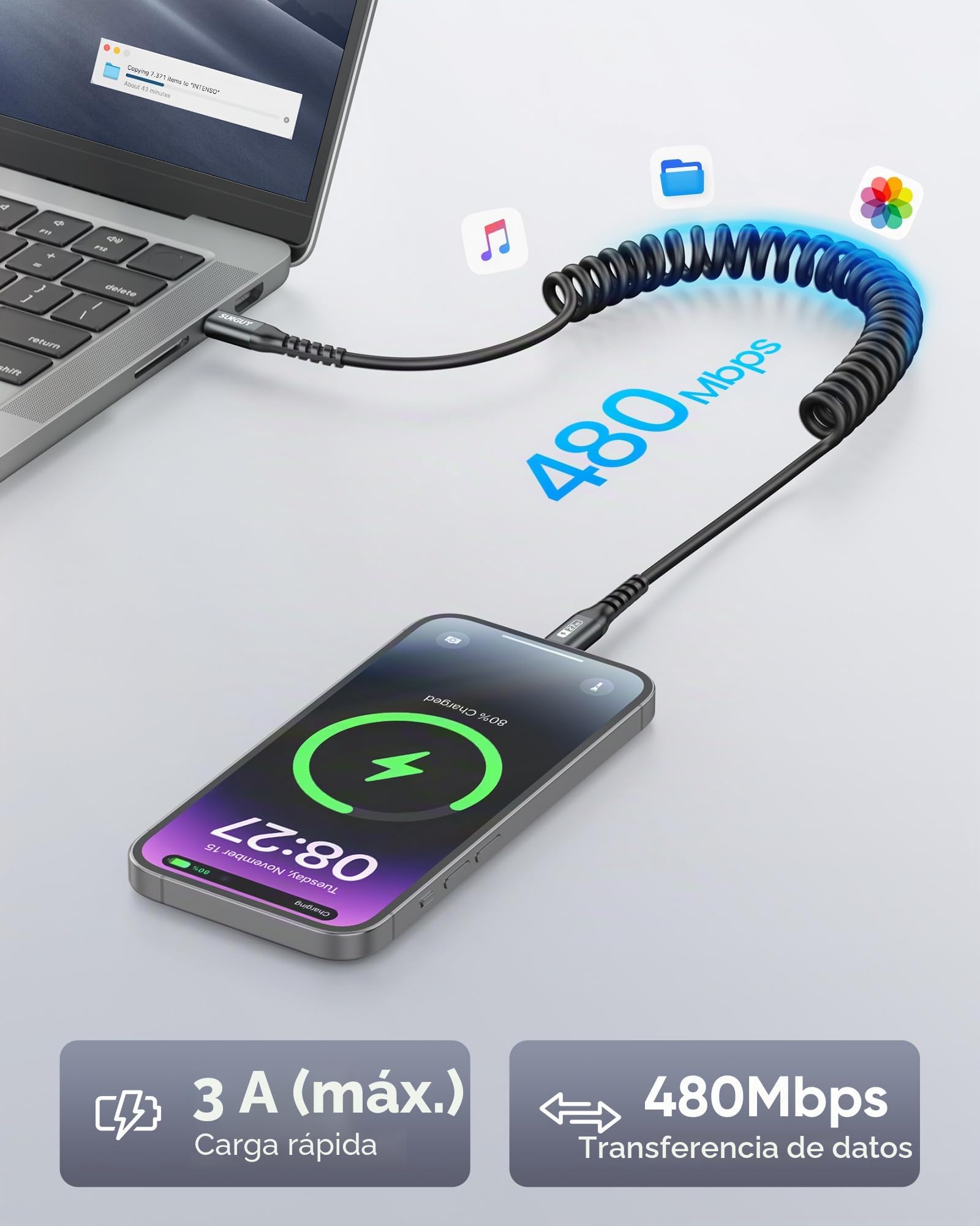 SUNGUY Cable USB-C a Lightning en espiral, cable iPhone para coche CarPlay, compatible con iPhone 14/13/12/11, 2 unidad, 1,5 m (extensible de 0,4 m a 1,0 m), Gris