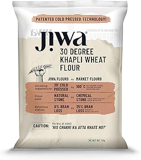 Jiwa 30 Degree Khapli Wheat Flour/Atta | Patented Cold Pressed Flour | Slow Ground | Suitable For Diabetics | Emmer Wheat Flour | Low Gluten Heirloom Grain | 1 kg