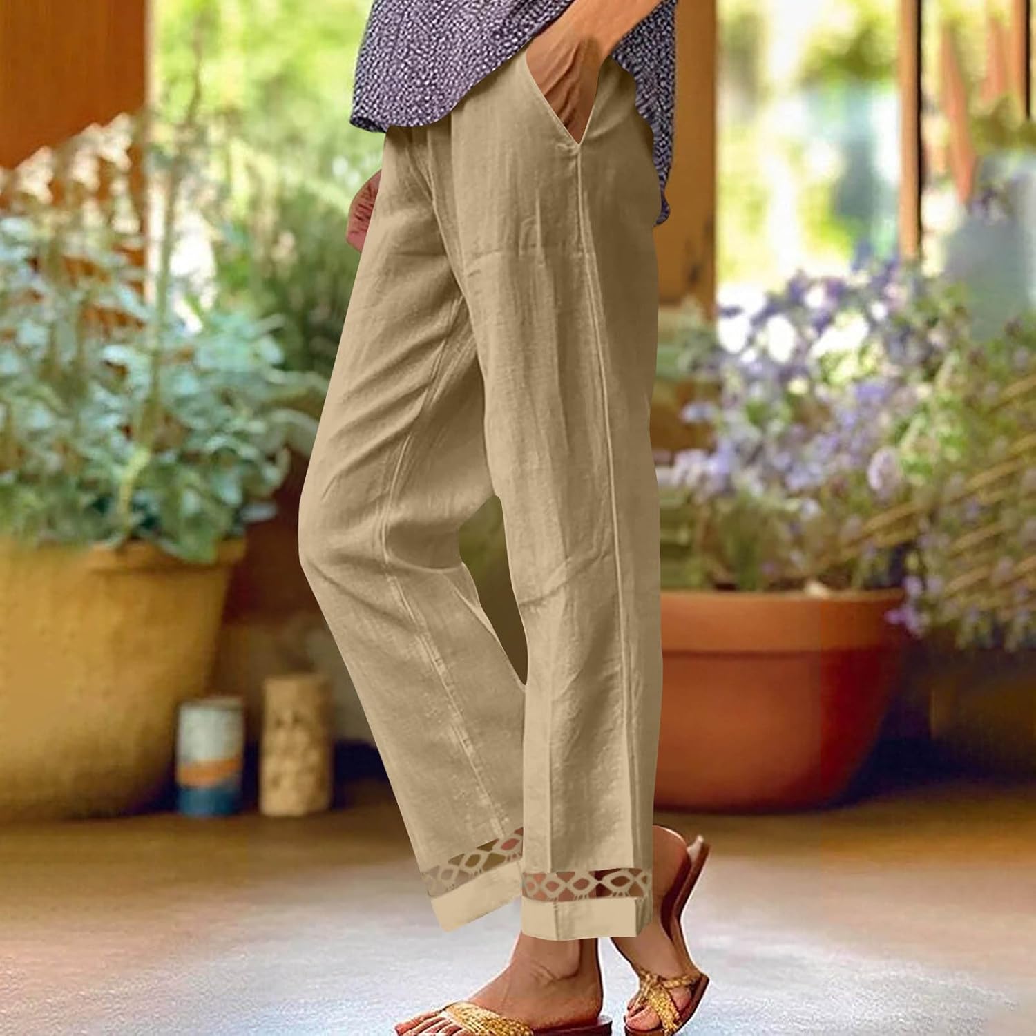 Linen Pants Women with Pockets Lace Hem 2026 Spring Summer Palazzo Wide Leg Trousers Travel Beach Vacation Outfits - Image 2