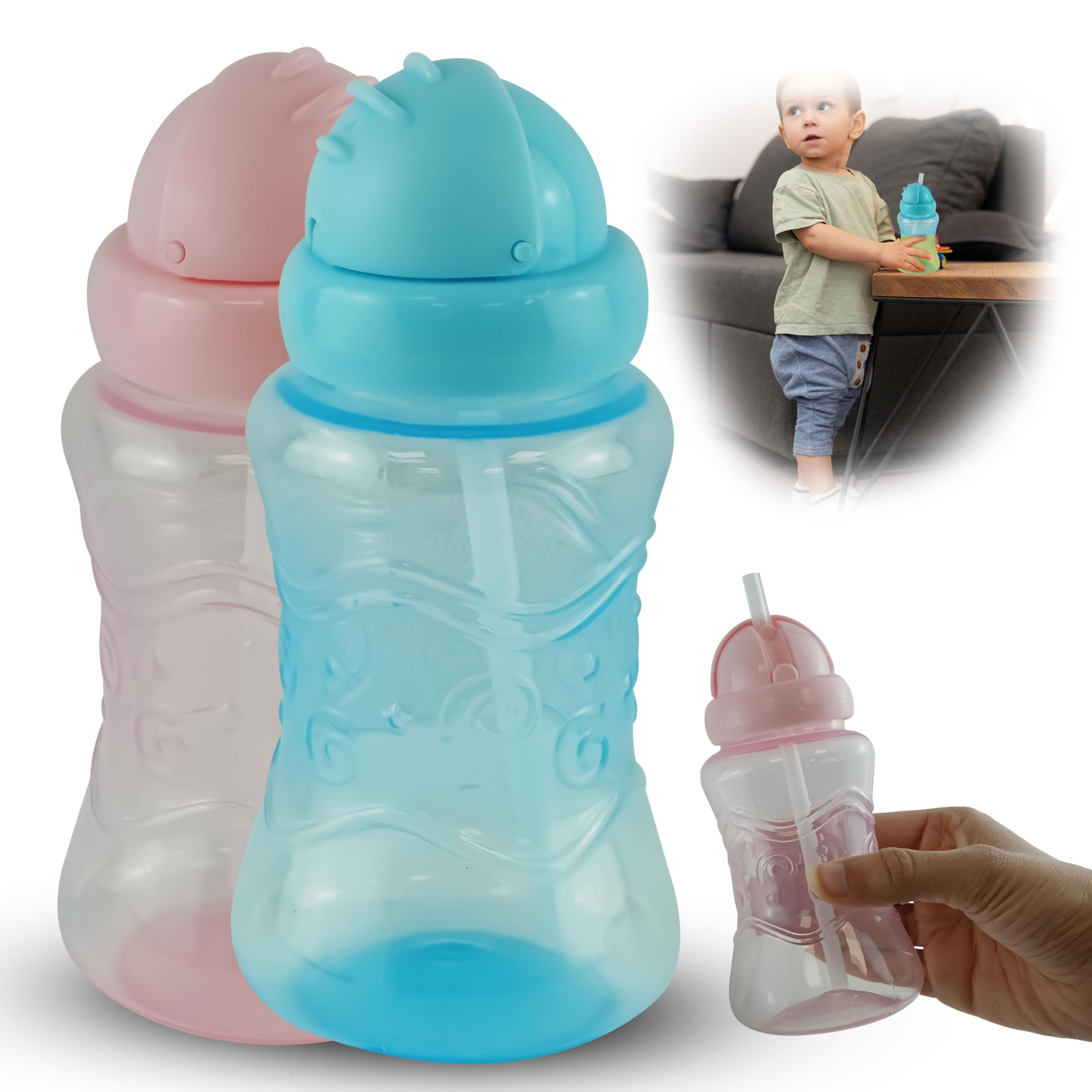 SRV Hub 2X Toddler Water Bottles with Straw 300ml | Leakproof Feeding Bottles | BPA Free Baby Training Water Bottles, Baby Sippy Cups with Lid 12+ Months