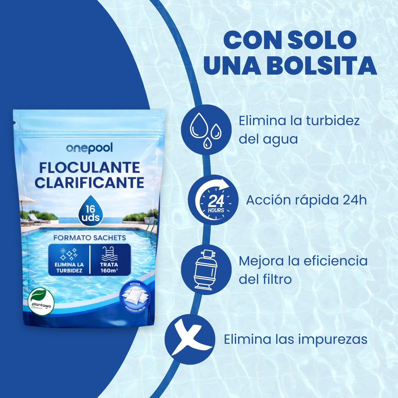 PLANTAWA Flocculante in polvere 16 bustine | Flocculante Chiarificante per Piscine, Equivale 2KG, Eliminatore Turbidità, con Ingredienti Origine Naturale, Vegano, Tutti i Tipi Piscine, SPA