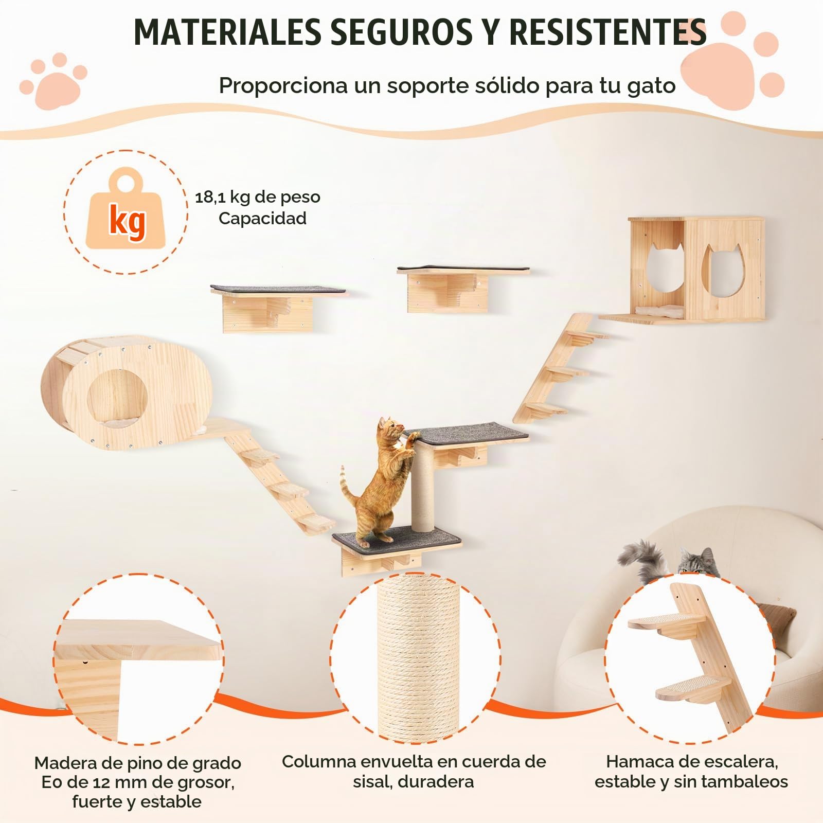 VEVOR 7 PCS Estantes de Pared para Gatos Carga de 18,14 kg Estantes de Pared para Gatos y Perchas con Tablas para Saltar, Camas para Gatos, Hamacas y Árboles para Gatos para Dormir, Jugar y Trepar